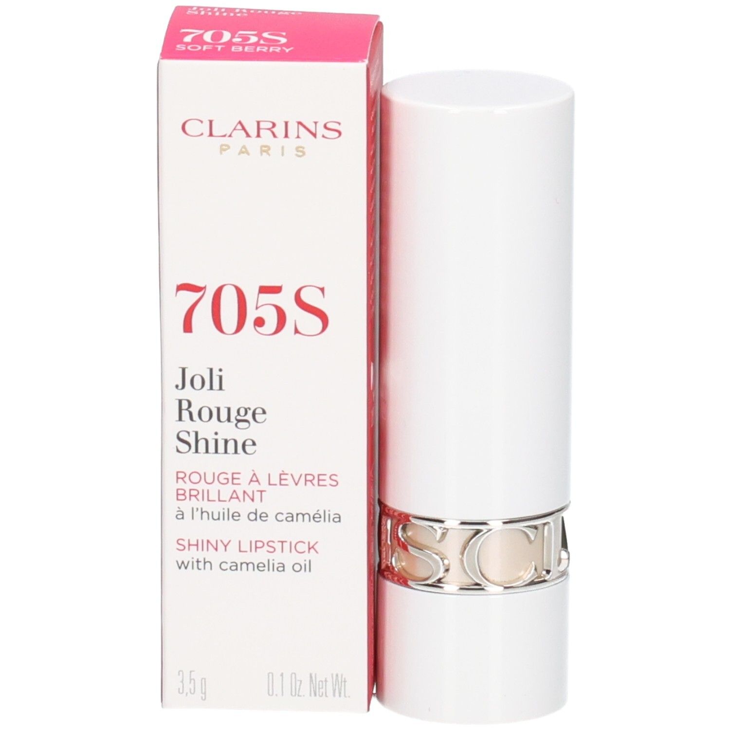 Rossetto Joli Rouge Shine 705S Soft Berry Clarins in astuccio bianco con confezione.