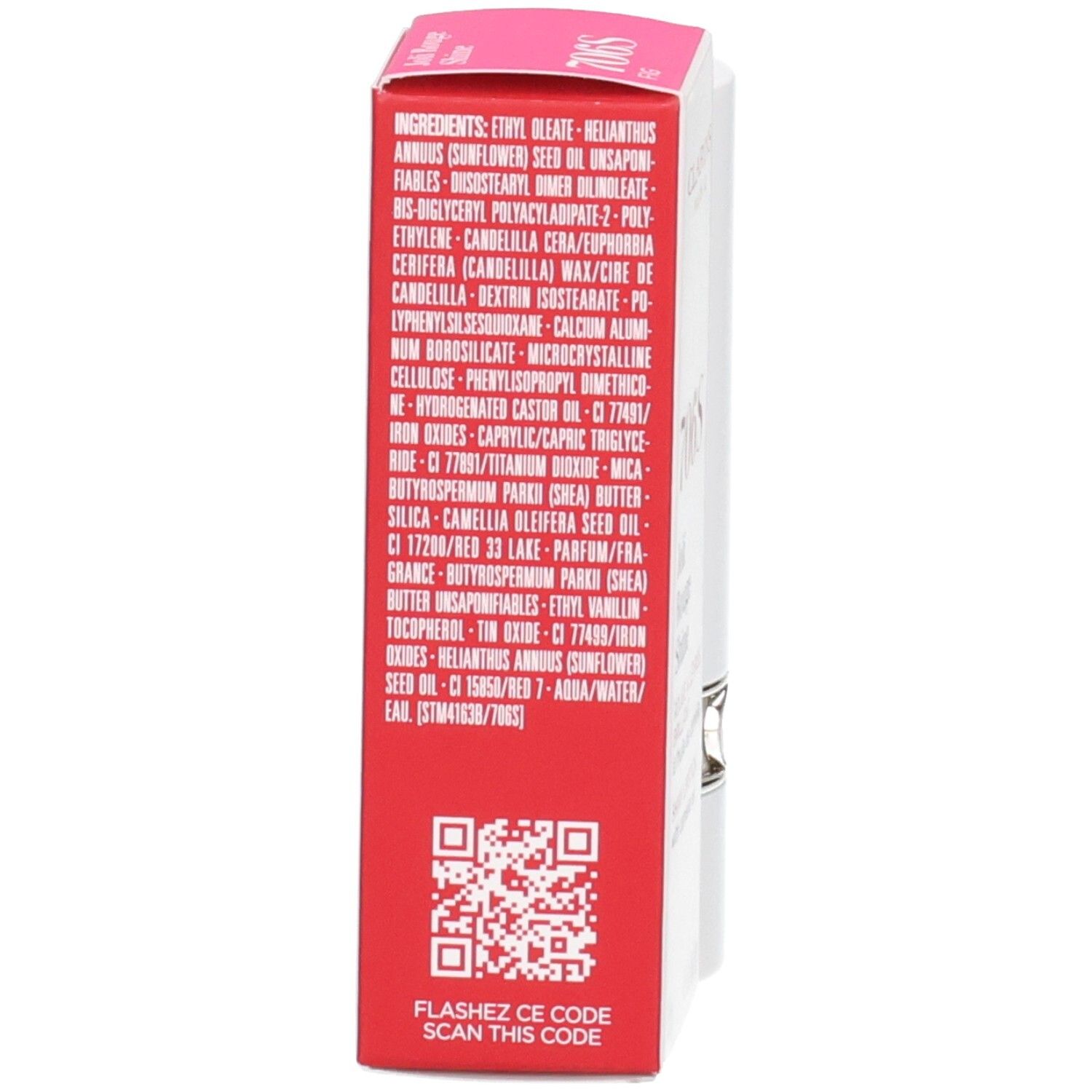 Retro della confezione del Rossetto Joli Rouge Shine 706S Clarins con elenco ingredienti e QR code.