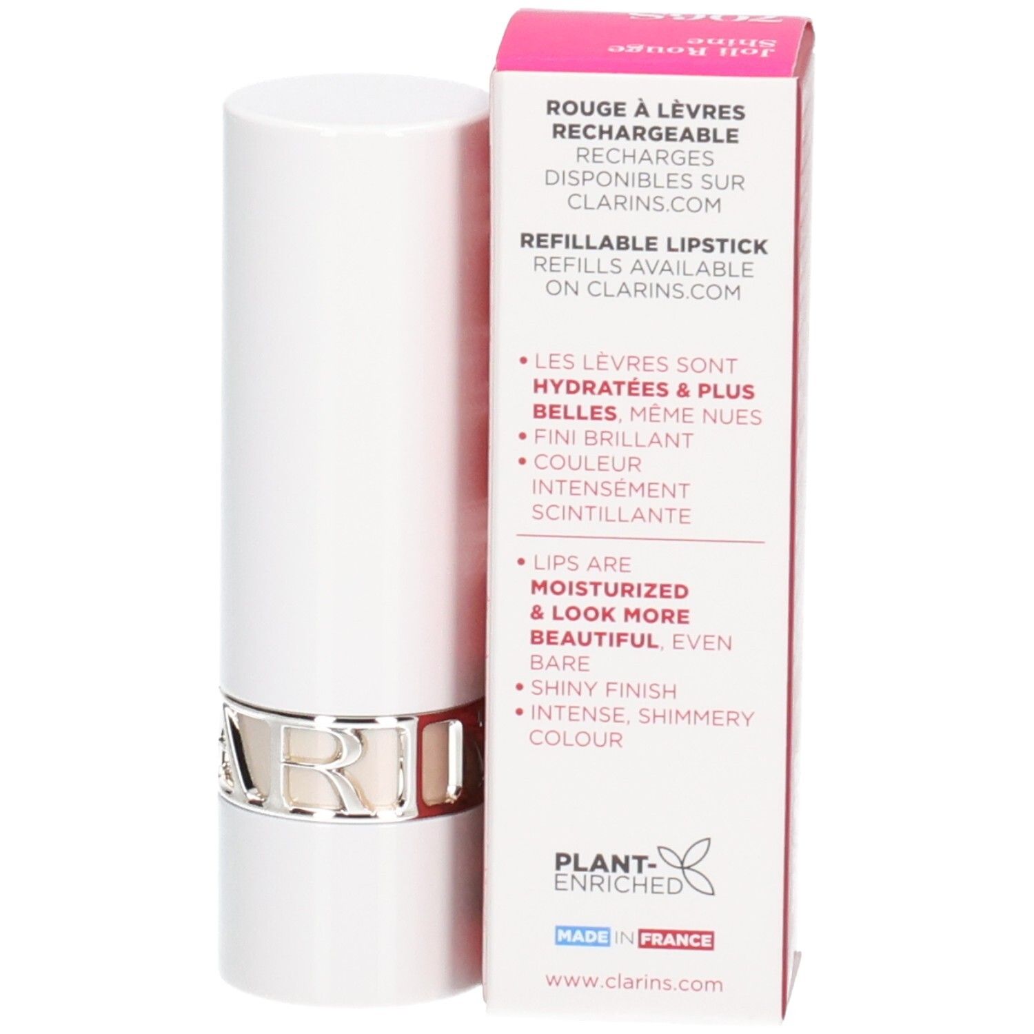 Rossetto Joli Rouge Shine 706S Clarins in astuccio bianco con anello argentato, accanto alla sua confezione.