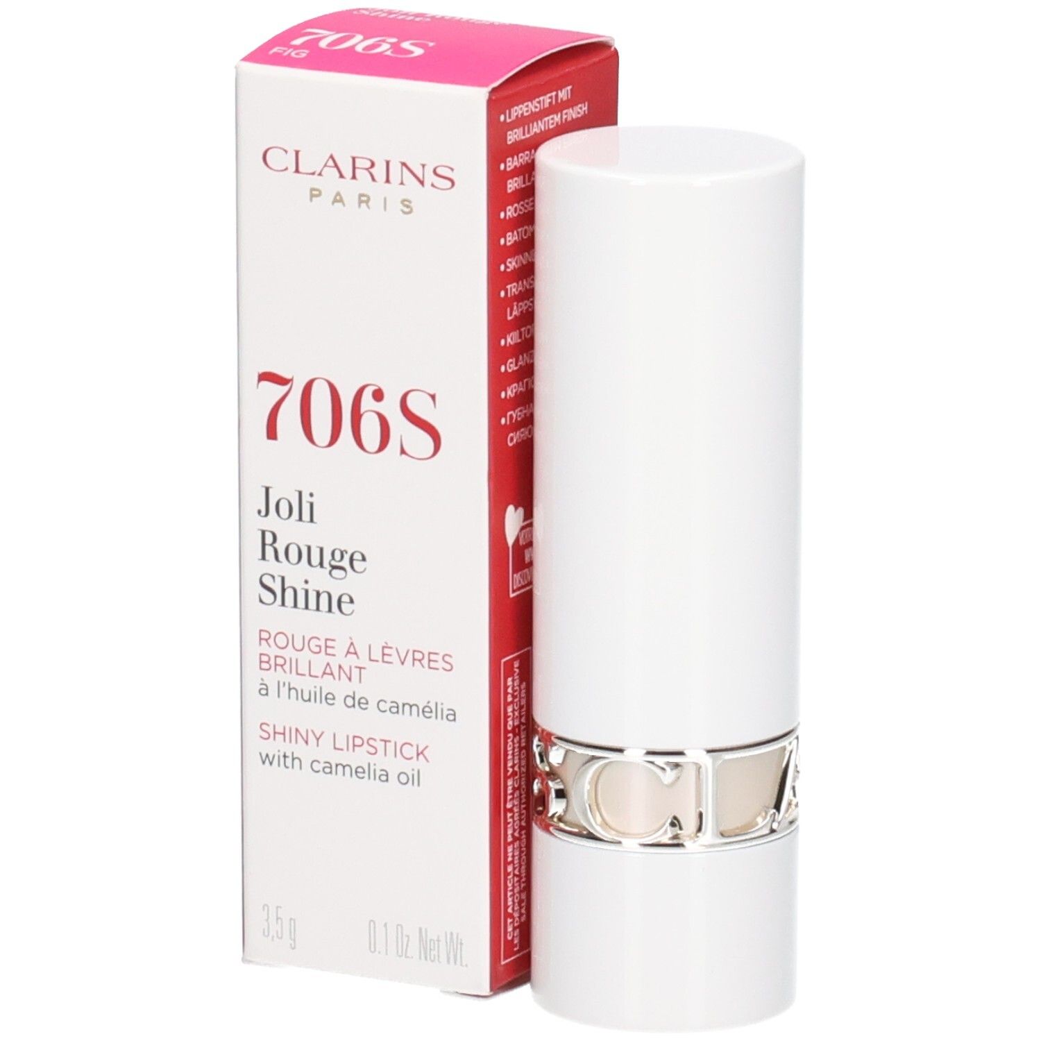 Rossetto Joli Rouge Shine 706S Clarins in astuccio bianco con anello argentato, accanto alla sua confezione.