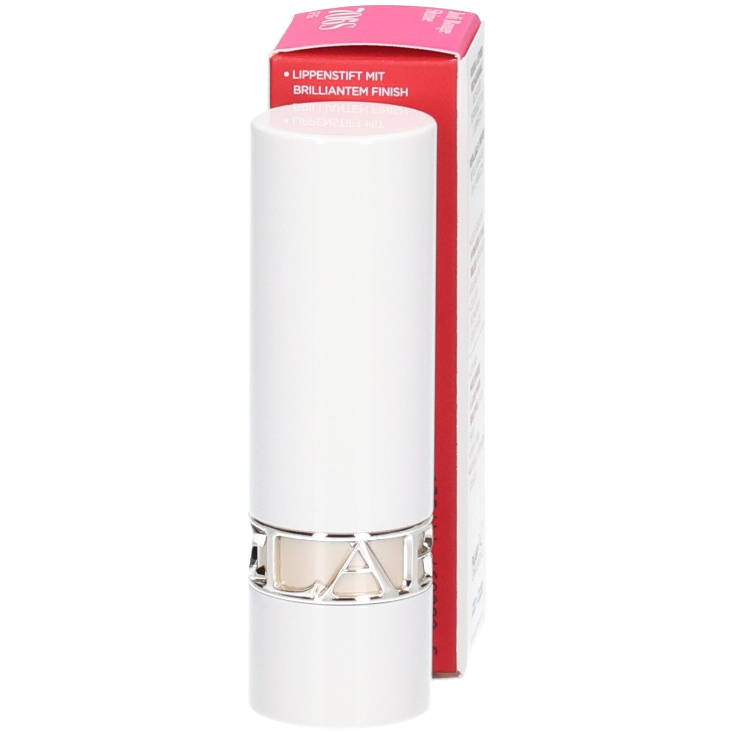 Rossetto Joli Rouge Shine 706S Clarins in astuccio bianco con anello argentato, accanto alla sua confezione.