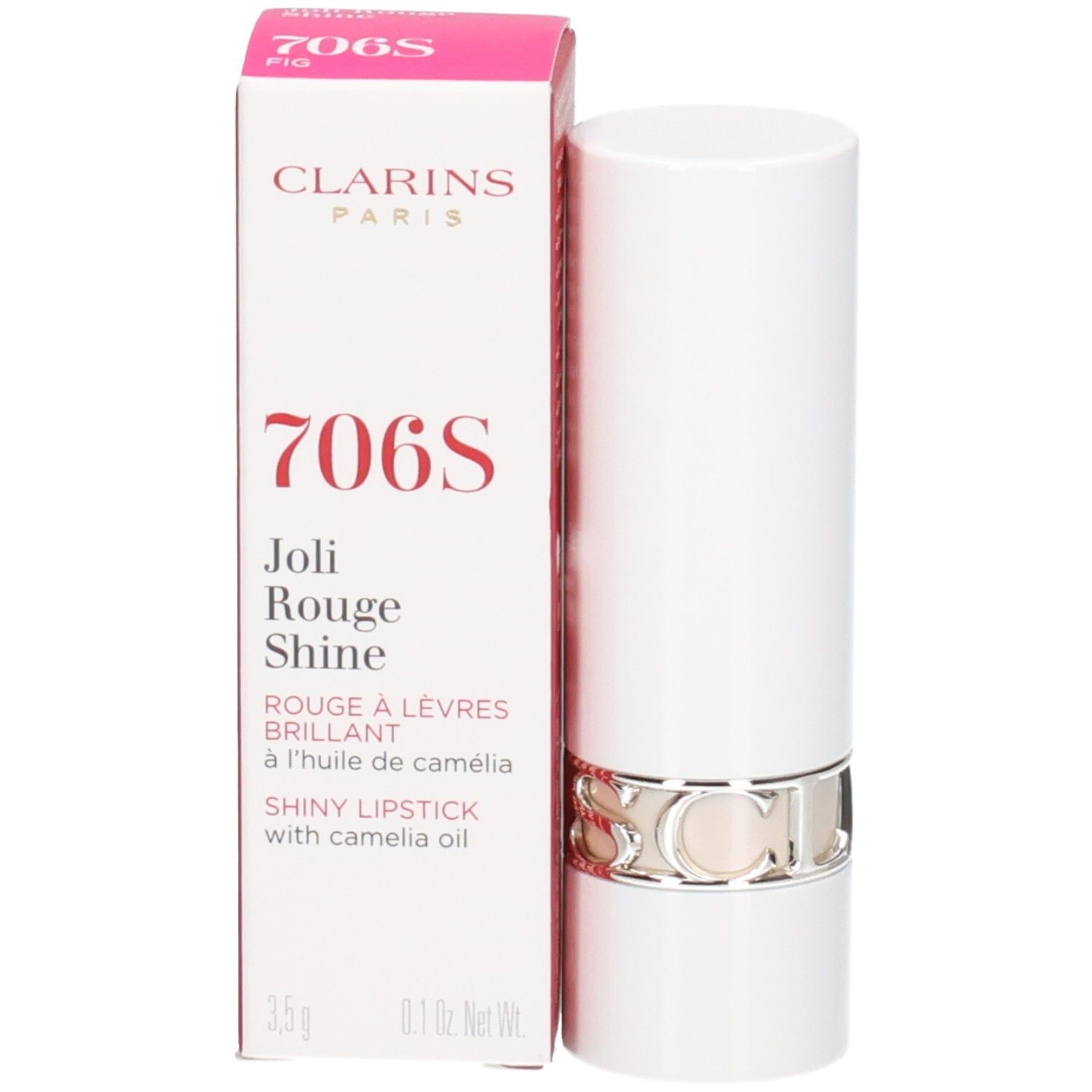 Rossetto Joli Rouge Shine 706S Clarins in astuccio bianco con anello argentato, accanto alla sua confezione.