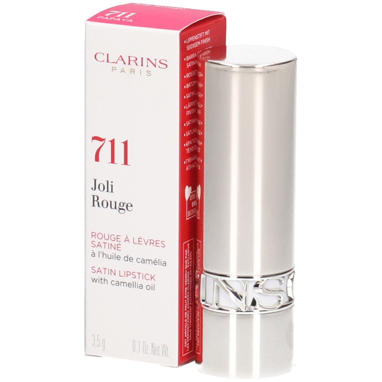 Rossetto Joli Rouge Satin Clarins 711 Papaya, astuccio argentato con scatola.