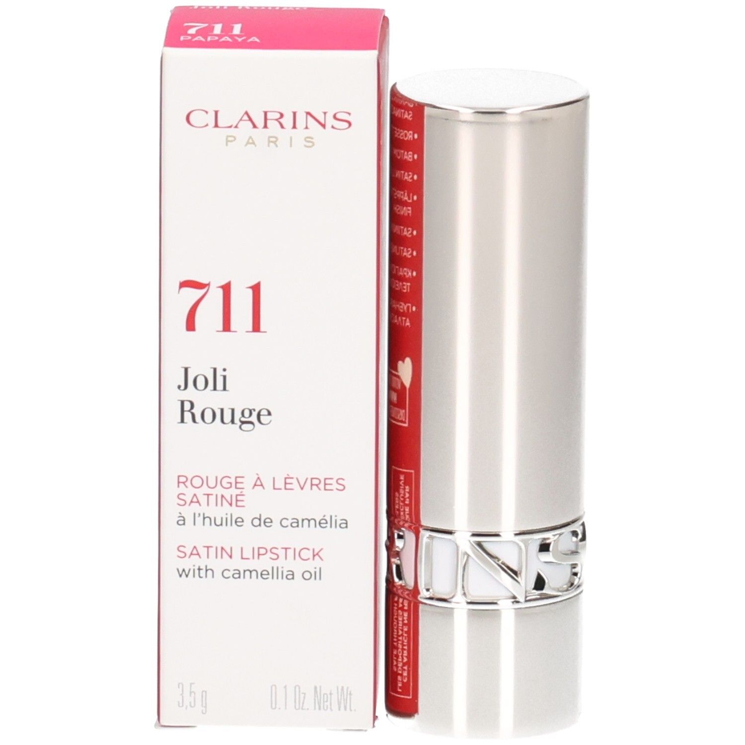 Rossetto Joli Rouge Satin Clarins 711 Papaya, astuccio argentato con scatola.