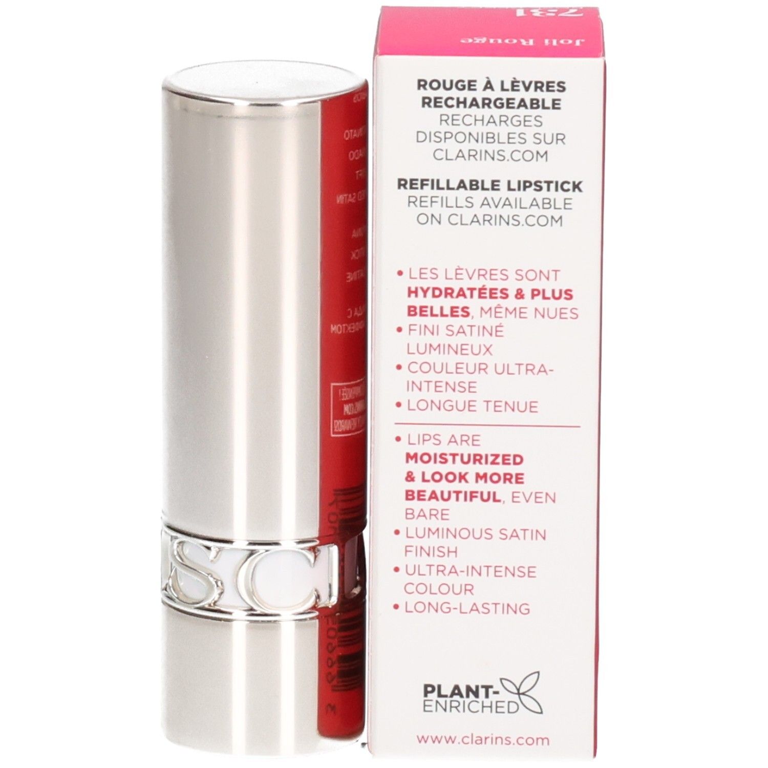 Rossetto Clarins Joli Rouge ricaricabile, astuccio argentato con confezione.
