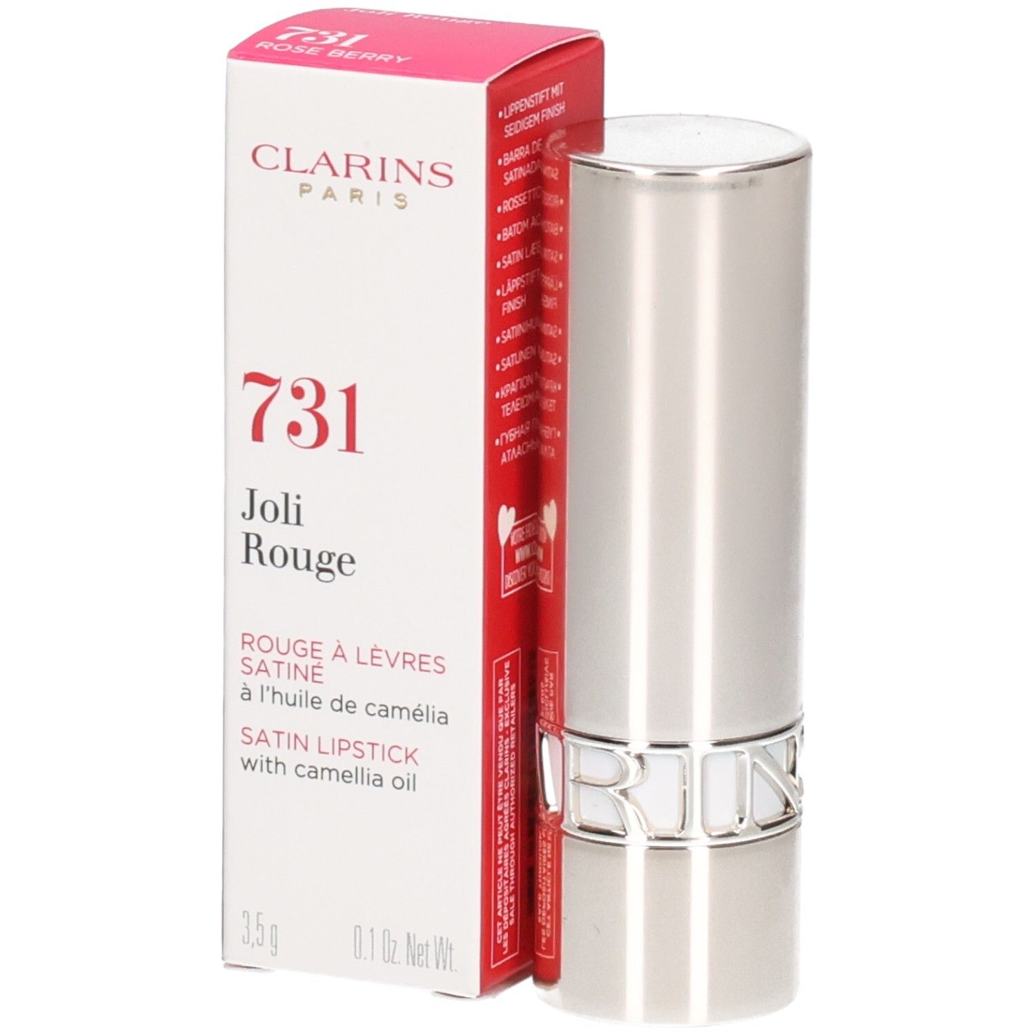 Rossetto satinato Clarins Joli Rouge 731 Rose Berry in astuccio argentato con scatola.