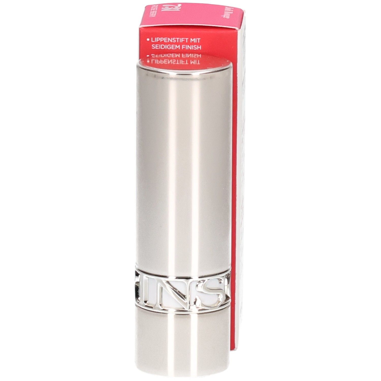 Rossetto Clarins Joli Rouge in astuccio argentato, vista laterale sulla confezione.