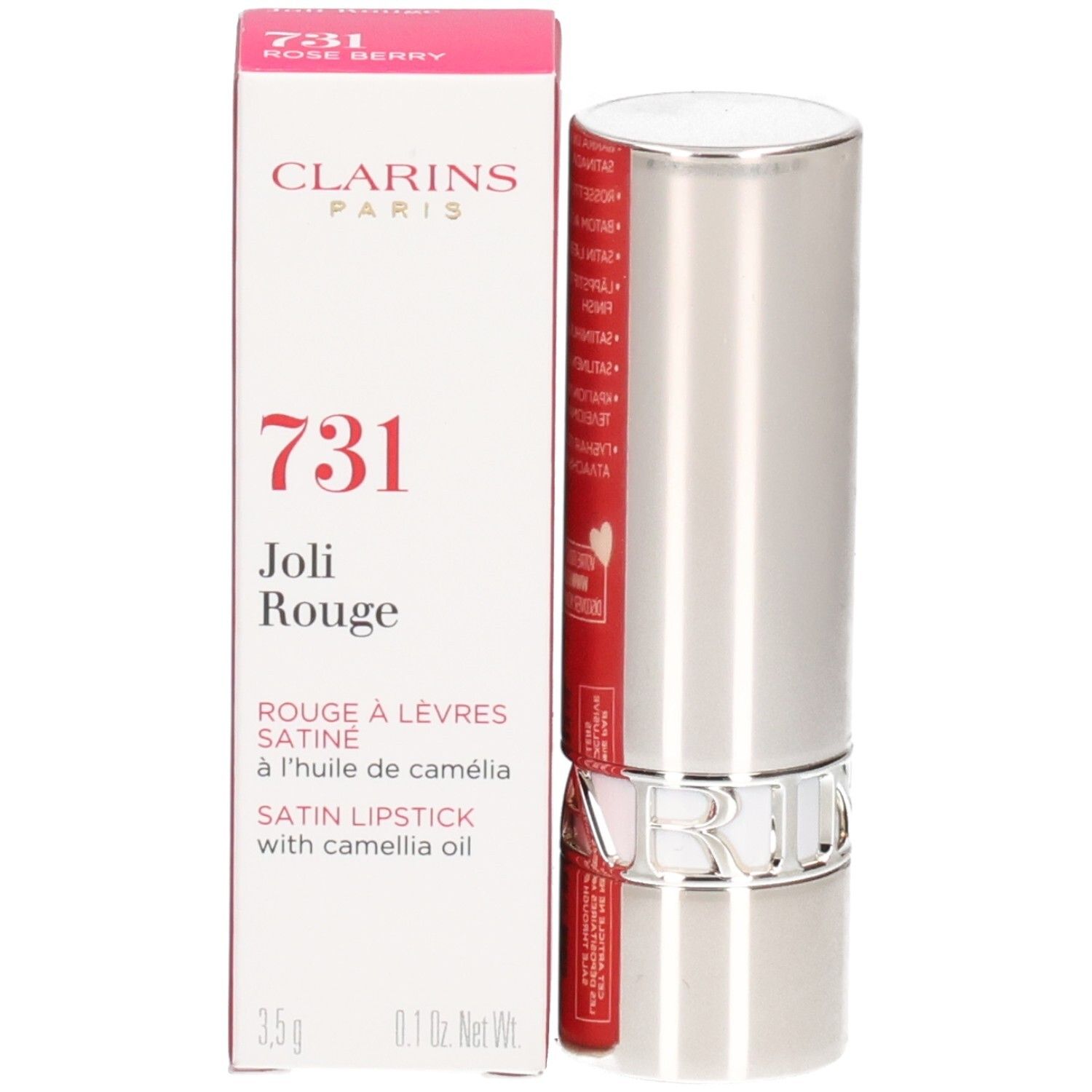 Rossetto satinato Clarins Joli Rouge 731 Rose Berry in astuccio argentato con scatola.