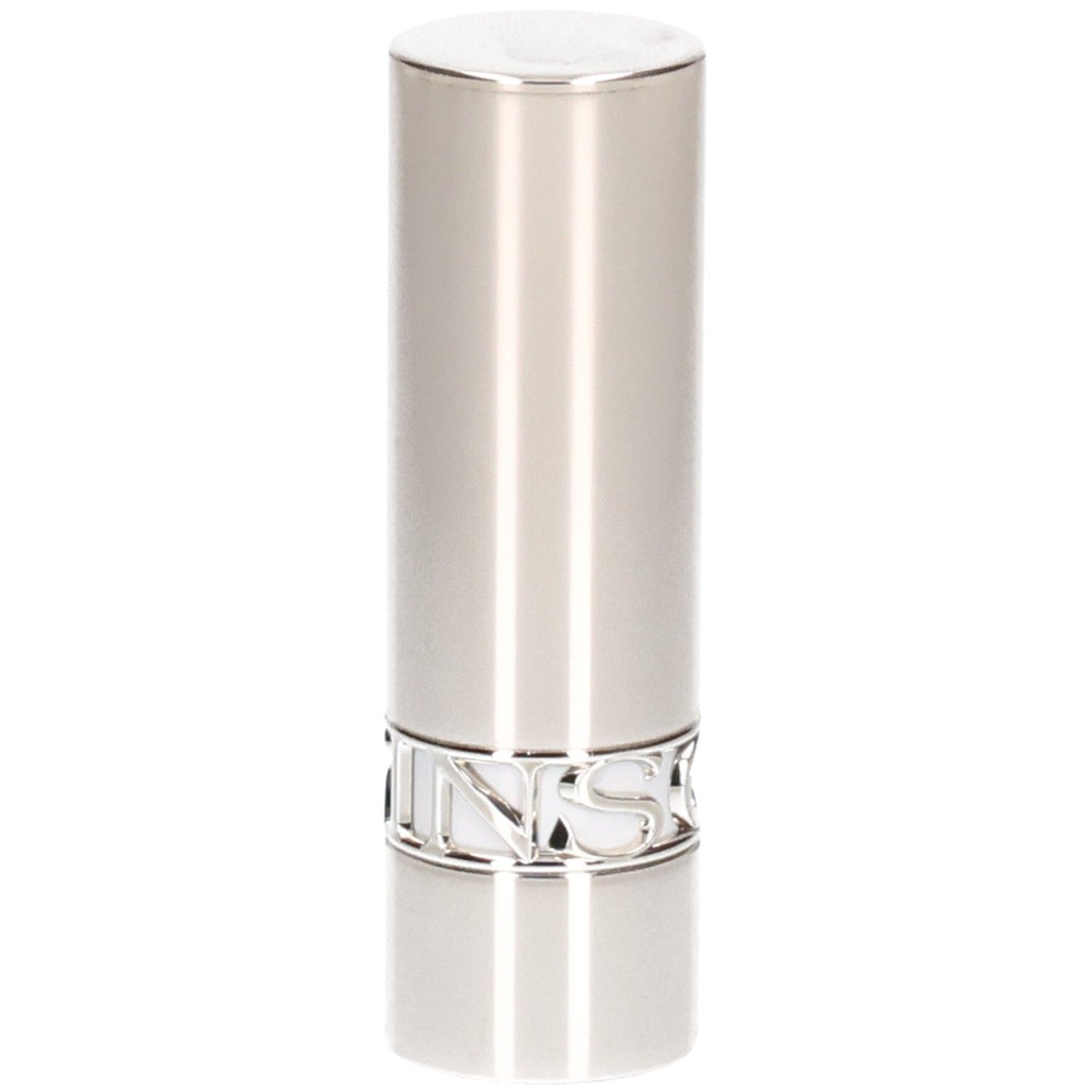 Tubo di rossetto argentato, superficie liscia con linee verticali.