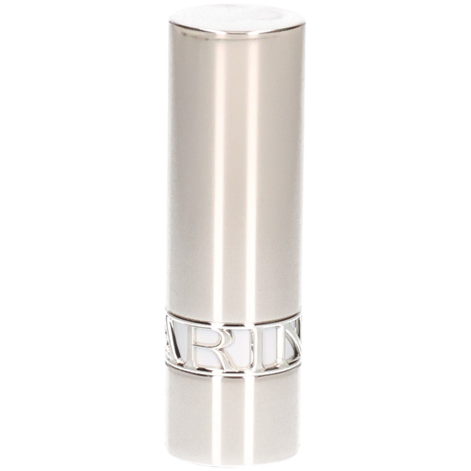 Tubo di rossetto argentato, superficie liscia con linee verticali.