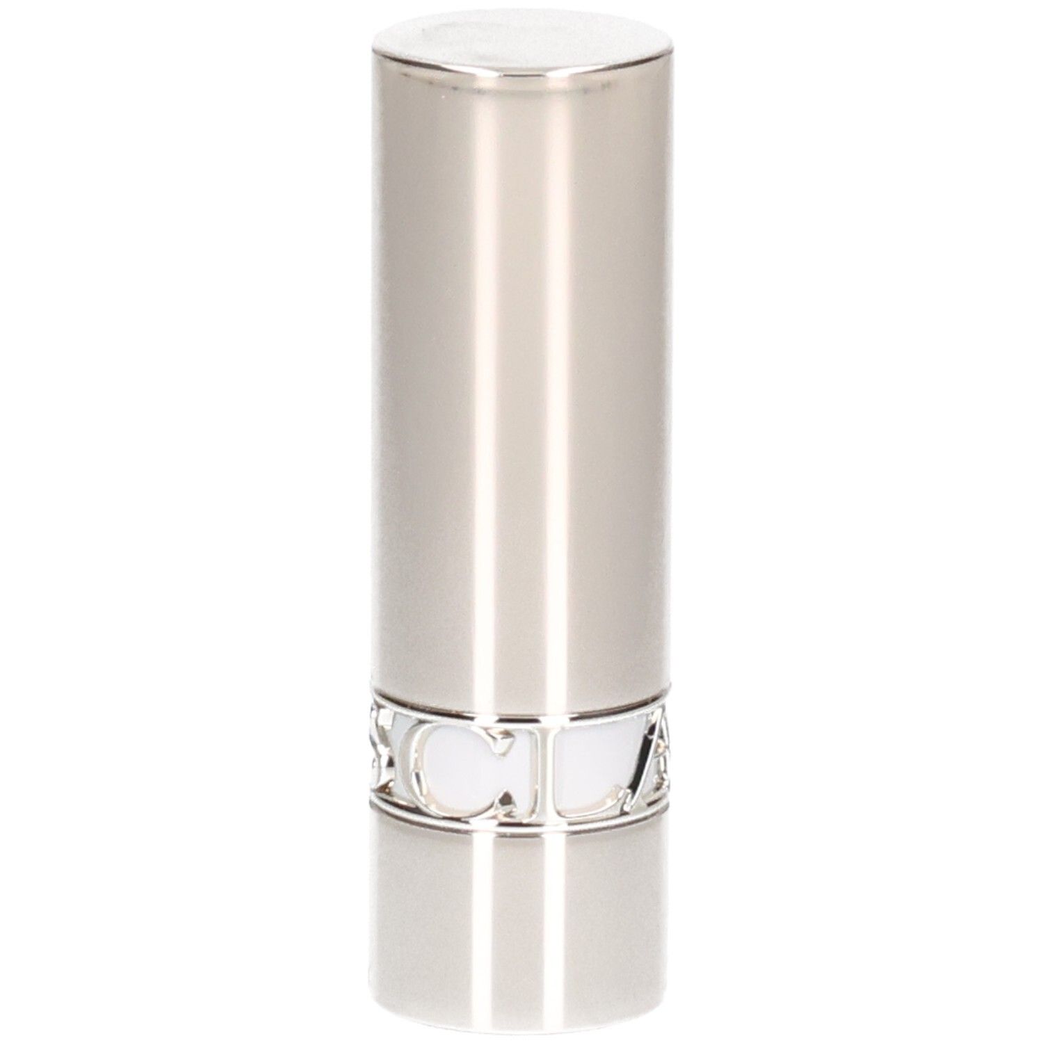 Tubo di rossetto argentato, superficie liscia con linee verticali.