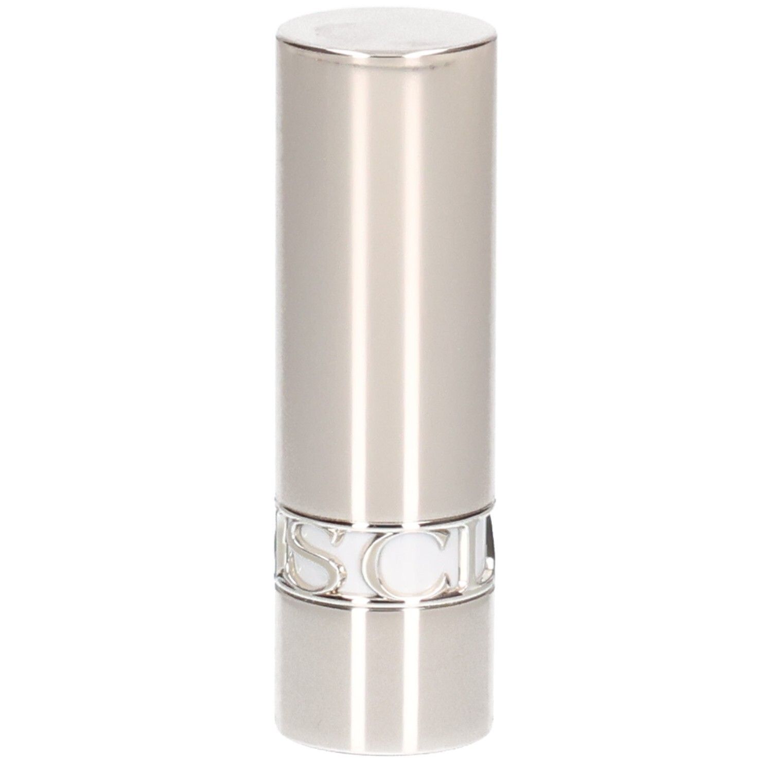 Tubo di rossetto argentato, superficie liscia con linee verticali.