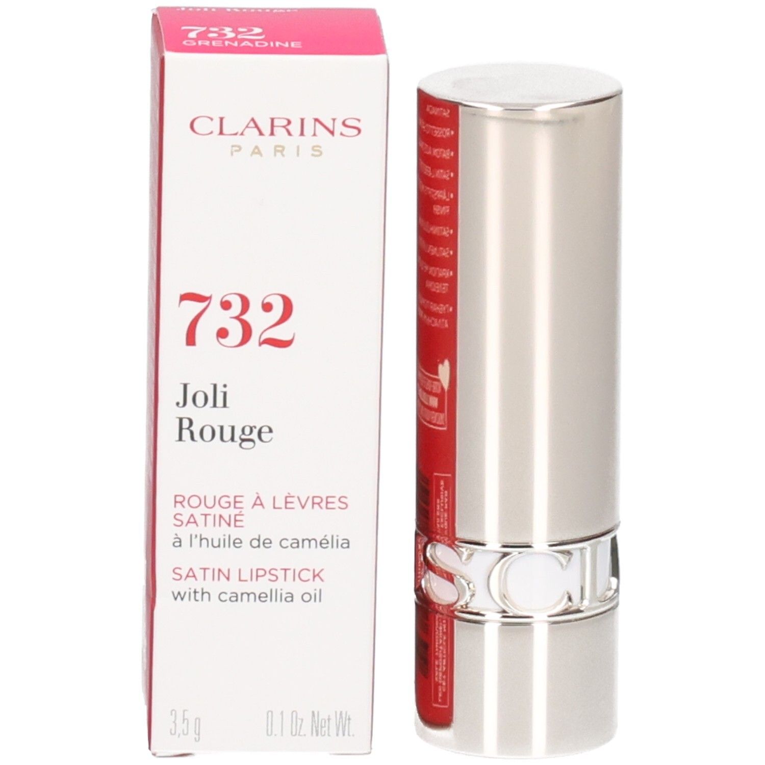 Rossetto Clarins Joli Rouge 732 Grenadine nel suo tubetto argentato e scatola.