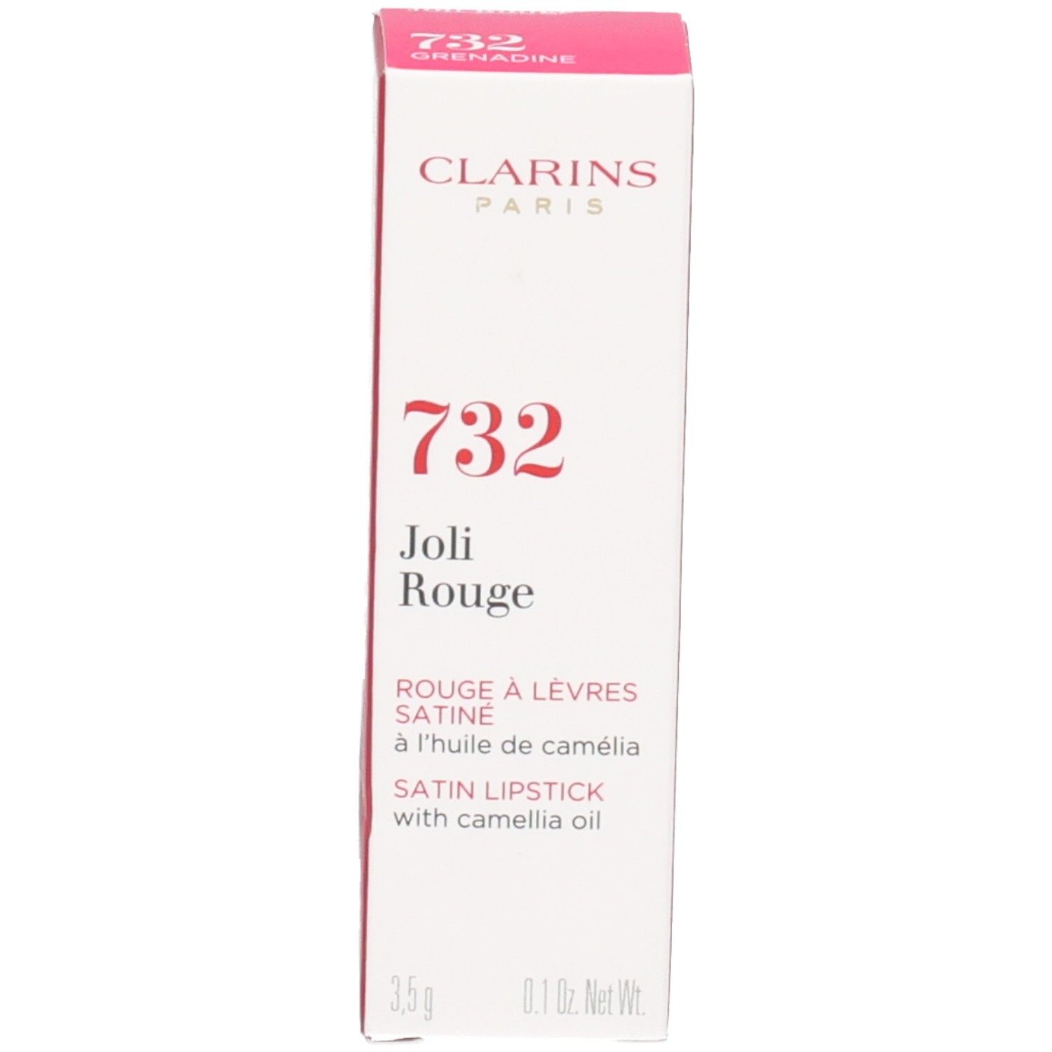 Rossetto Clarins Joli Rouge 732 Grenadine nel suo tubetto argentato e scatola.