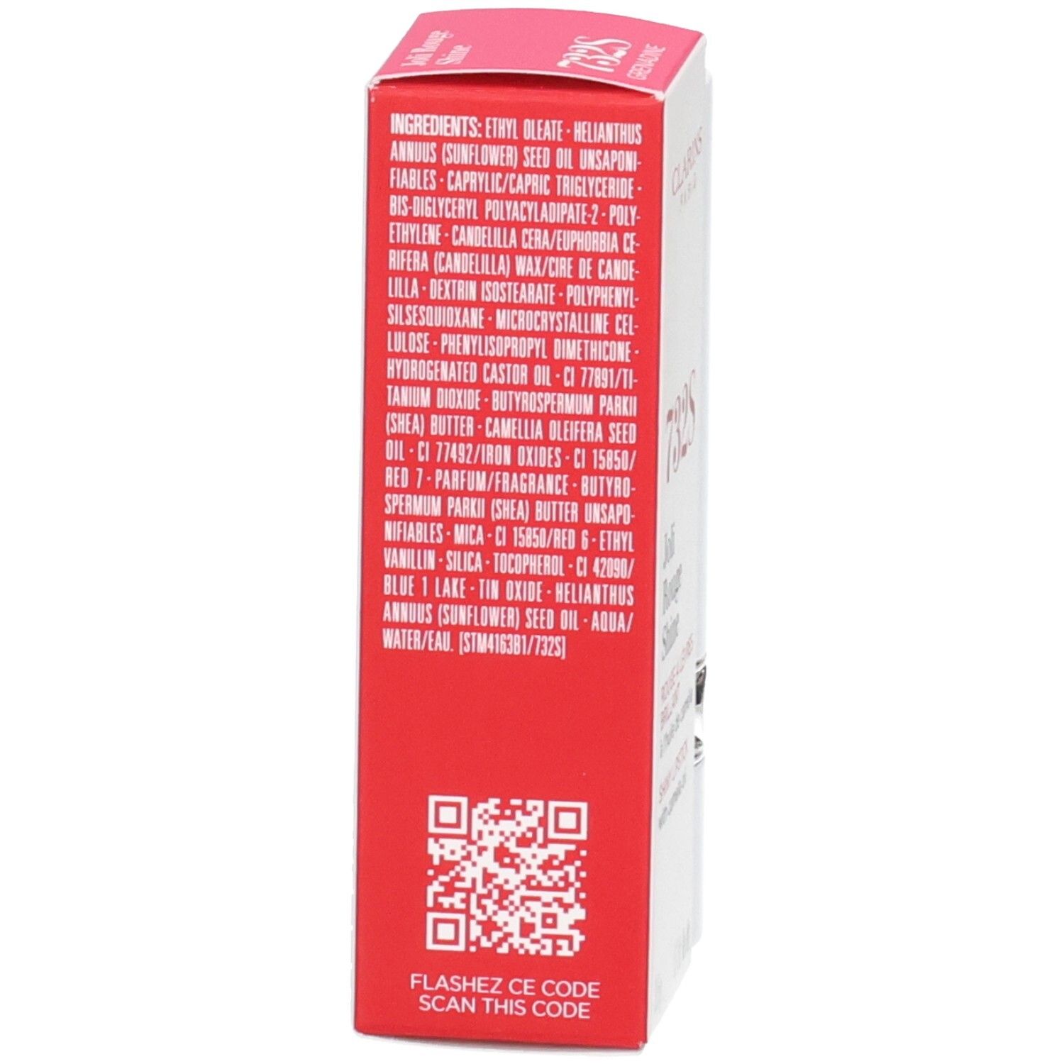 Rossetto Joli Rouge Satin Clarins 732S Grenadine, retro della confezione con ingredienti.