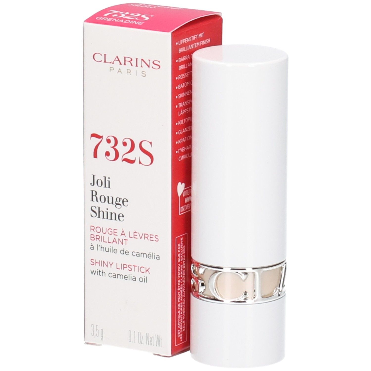 Rossetto Joli Rouge Satin Clarins 732S Grenadine, tubetto bianco con anello argentato.