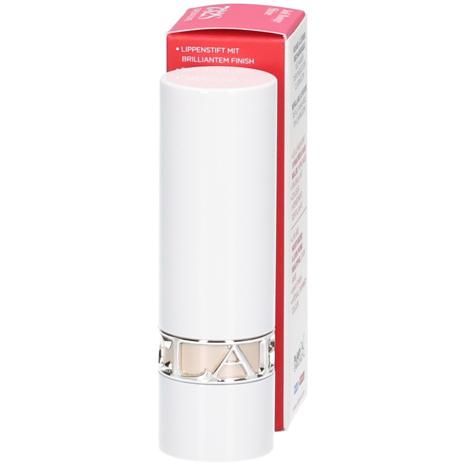 Rossetto Joli Rouge Satin Clarins 732S Grenadine, tubetto bianco con anello argentato.