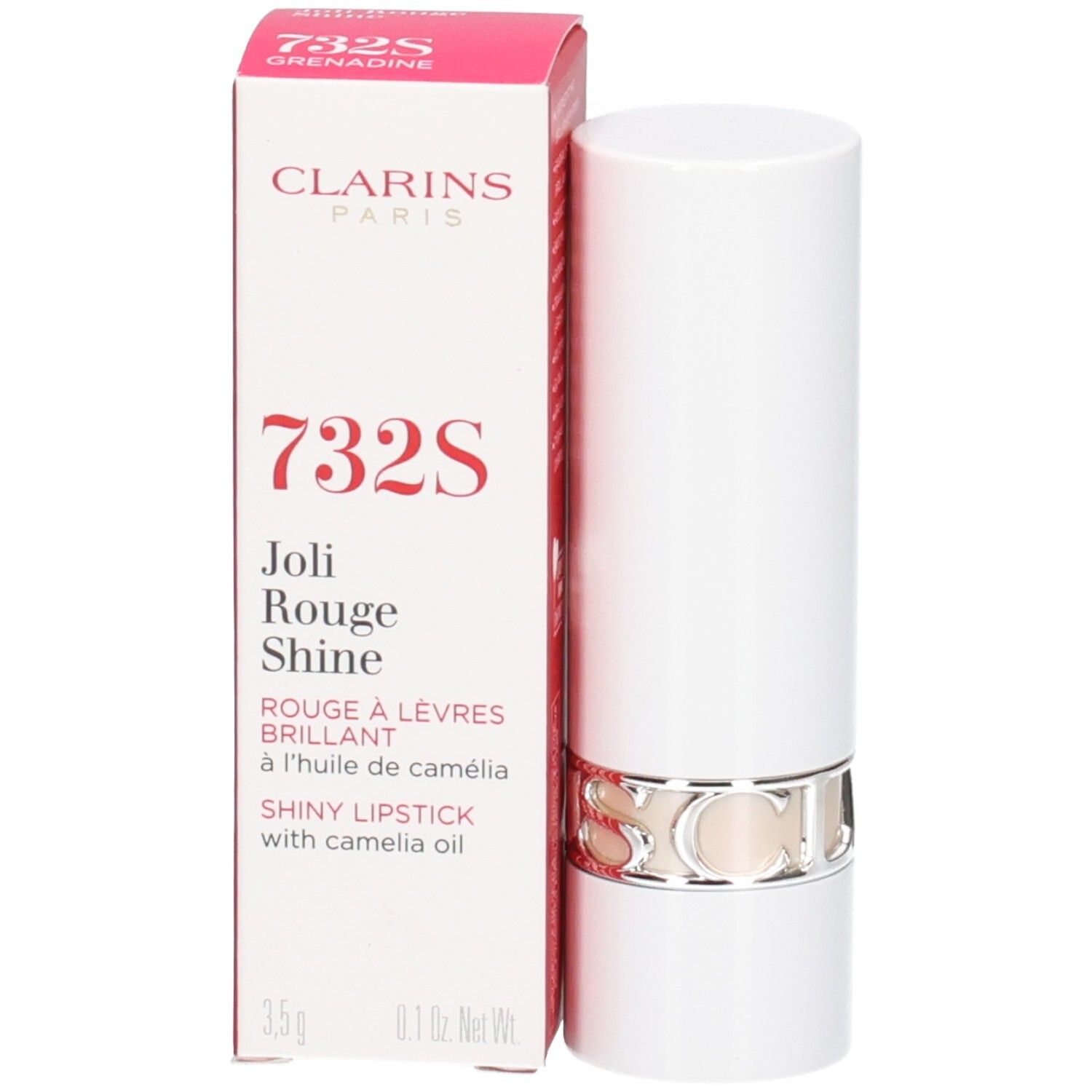 Rossetto Joli Rouge Satin Clarins 732S Grenadine nella sua confezione bianca.