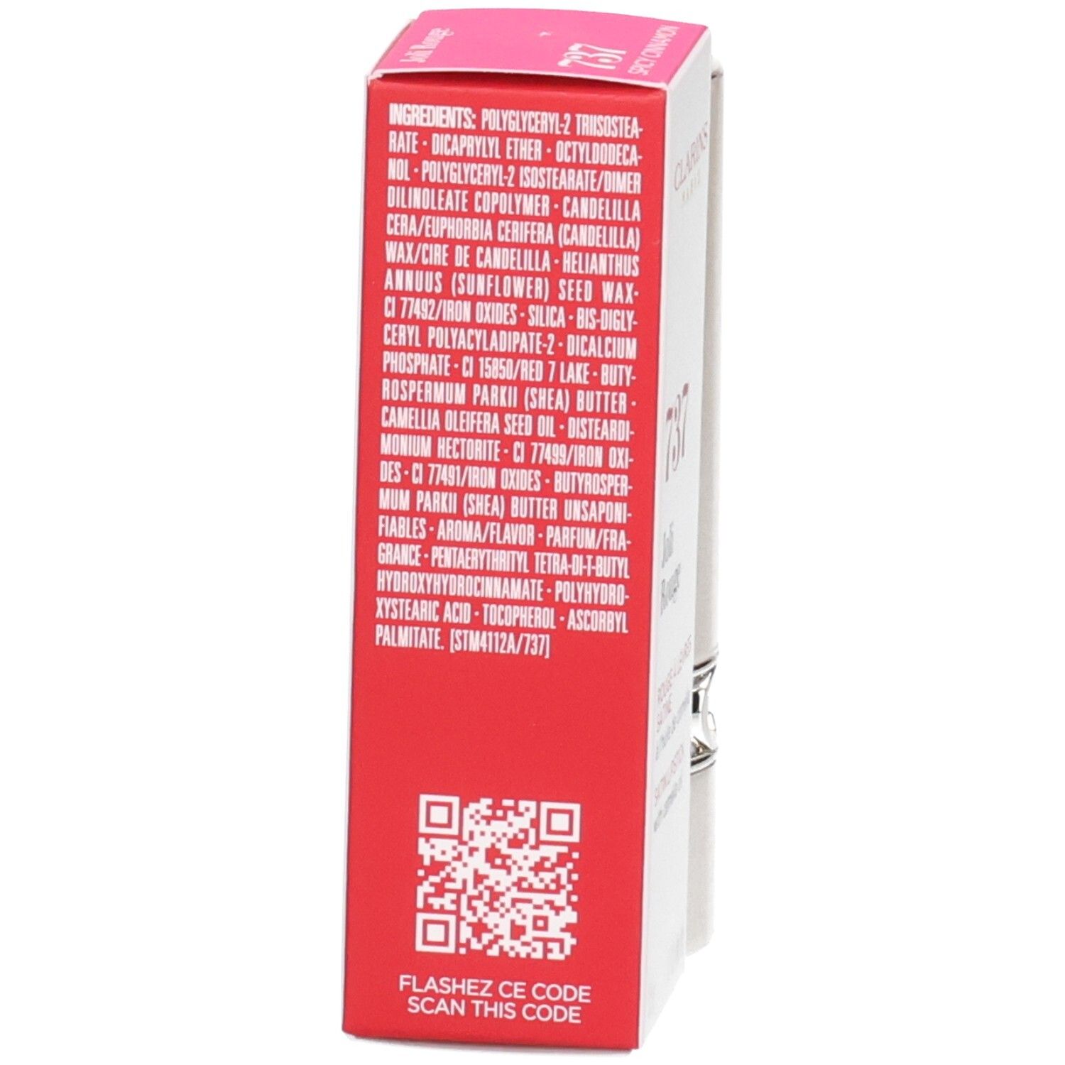 Retro della confezione del rossetto Joli Rouge Satin Clarins con elenco ingredienti e codice QR.