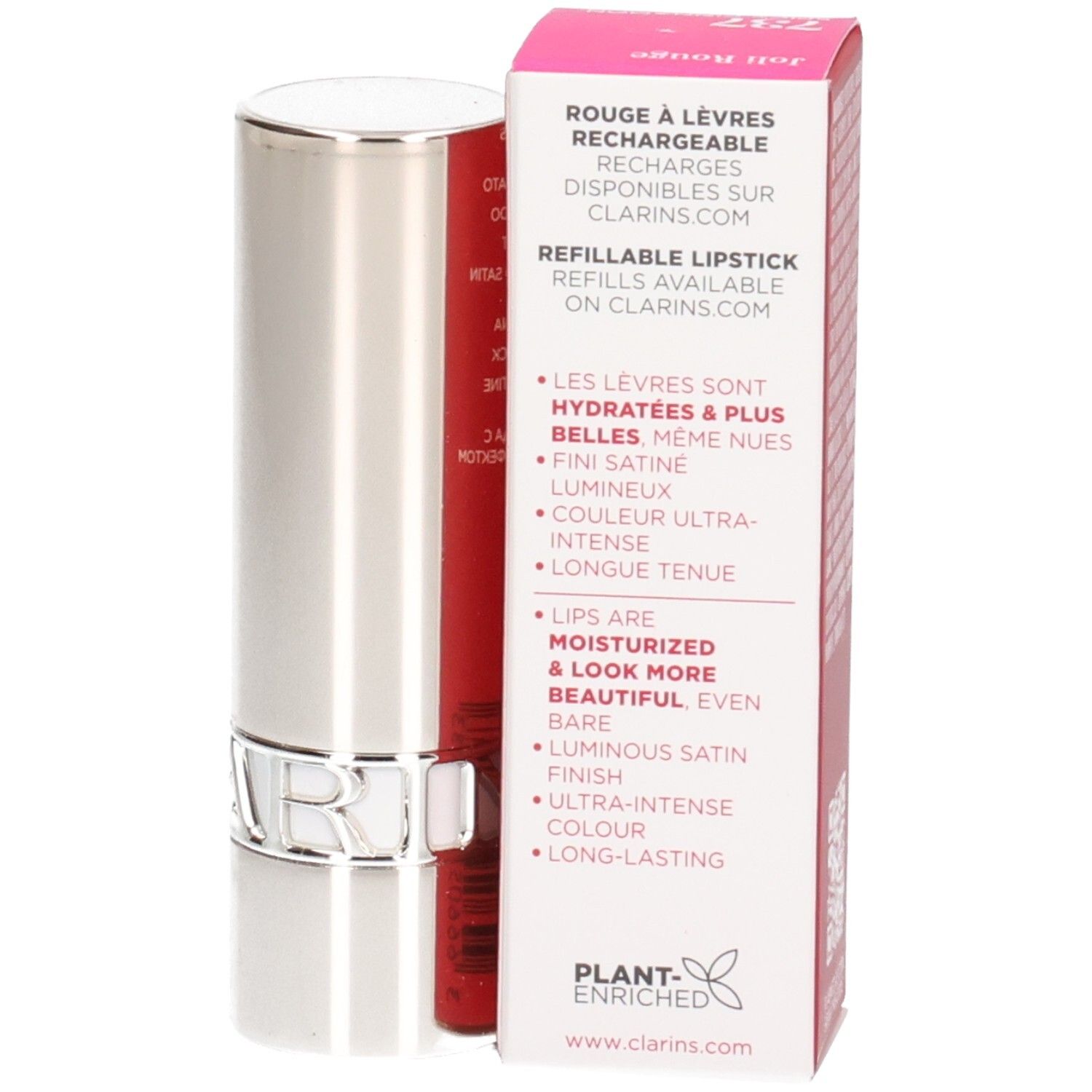 Rossetto Joli Rouge Satin Clarins 737 Spicy Cinnamon ricaricabile, astuccio argentato con scatola.