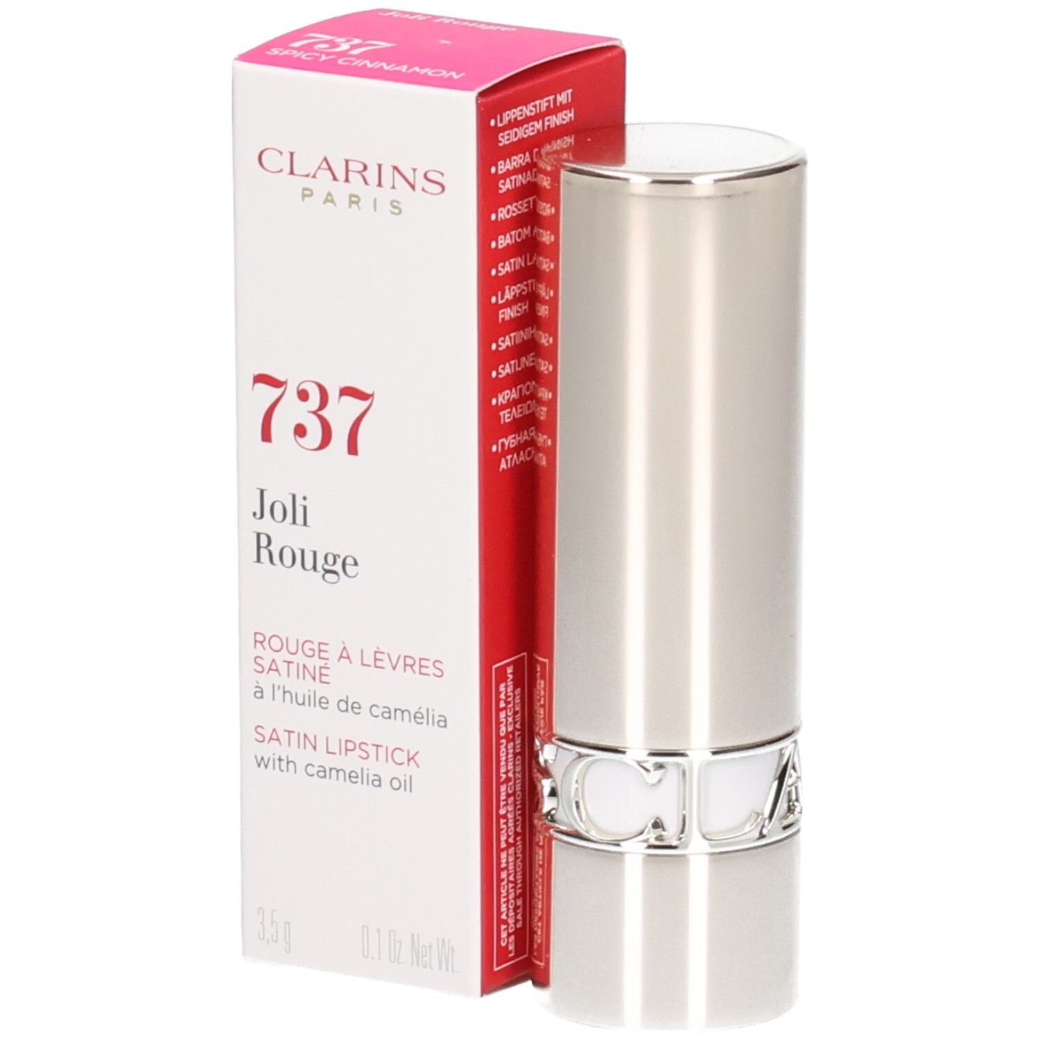 Rossetto Joli Rouge Satin Clarins 737 Spicy Cinnamon in astuccio argentato con scatola.