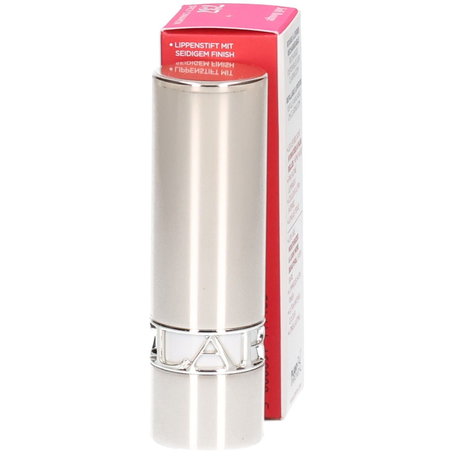 Rossetto Joli Rouge Satin Clarins 737 Spicy Cinnamon, astuccio argentato, scatola di lato.