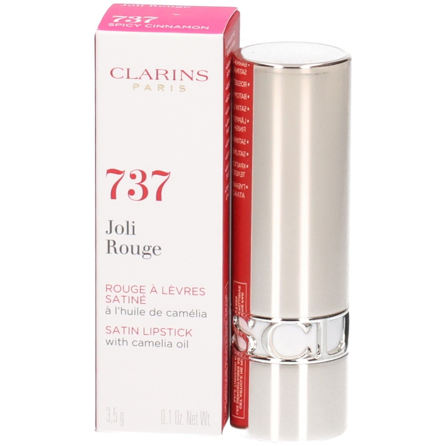 Rossetto Joli Rouge Satin Clarins 737 Spicy Cinnamon in astuccio argentato con scatola.