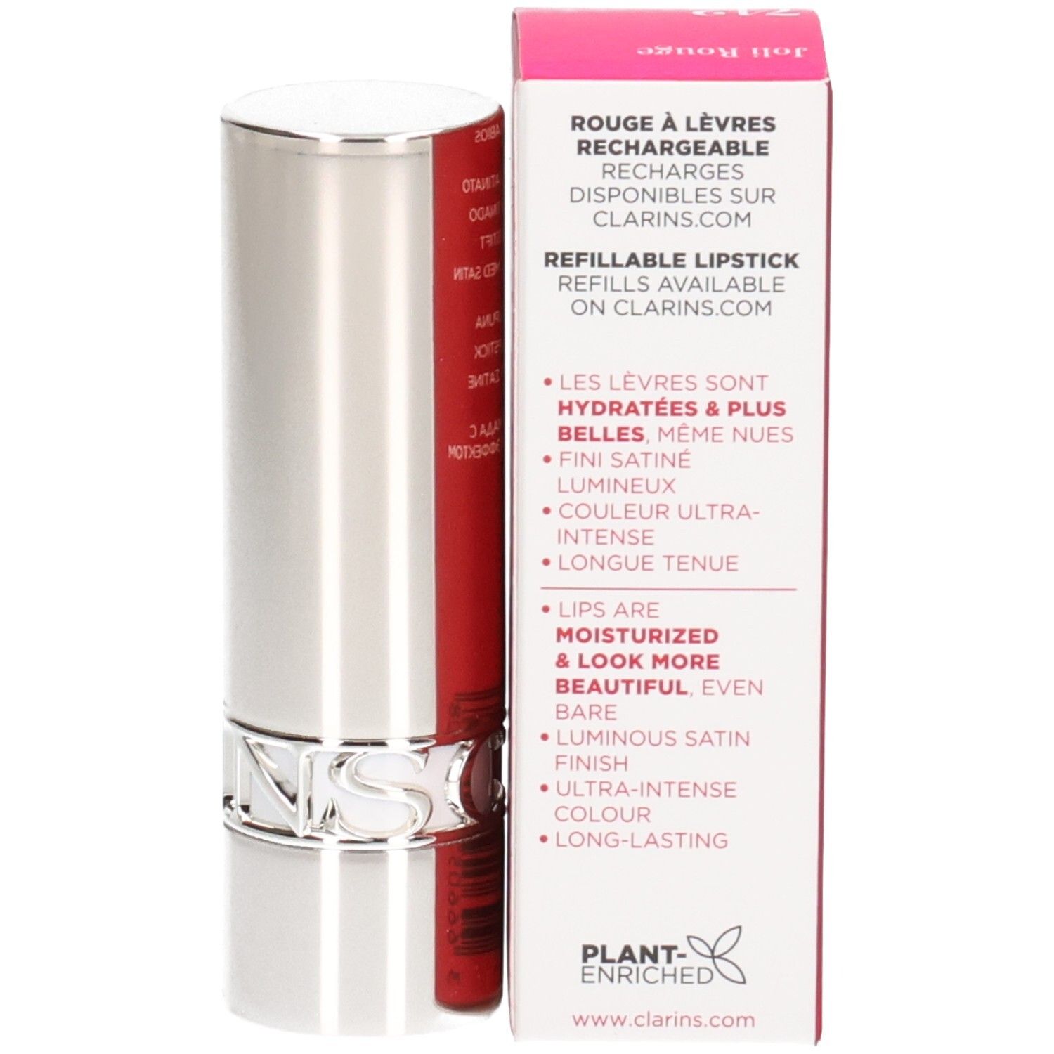 Rossetto satinato Clarins Joli Rouge 742 ricaricabile, astuccio argentato, confezione rossa.