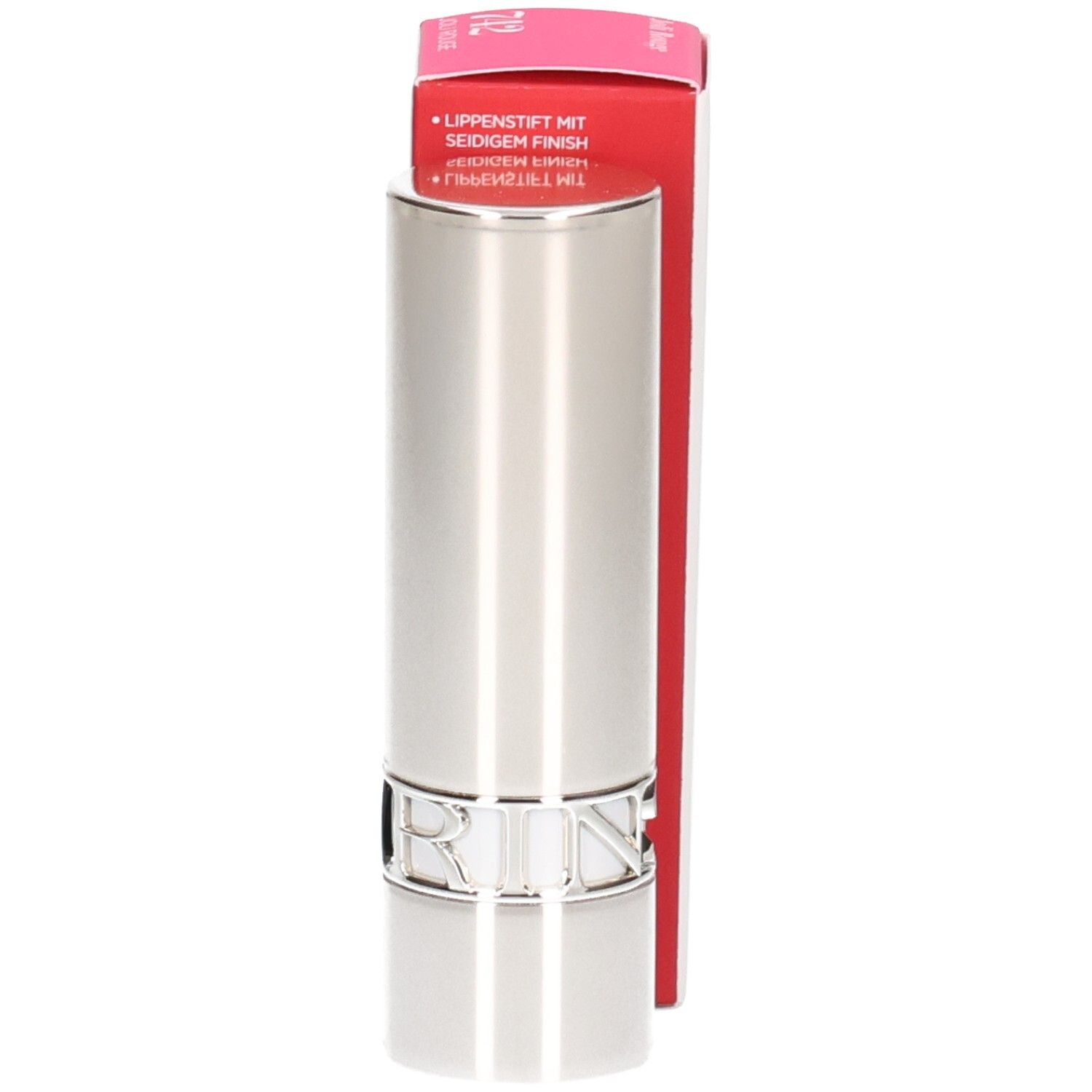 Rossetto satinato Clarins Joli Rouge 742, astuccio argentato, confezione rossa, retro.