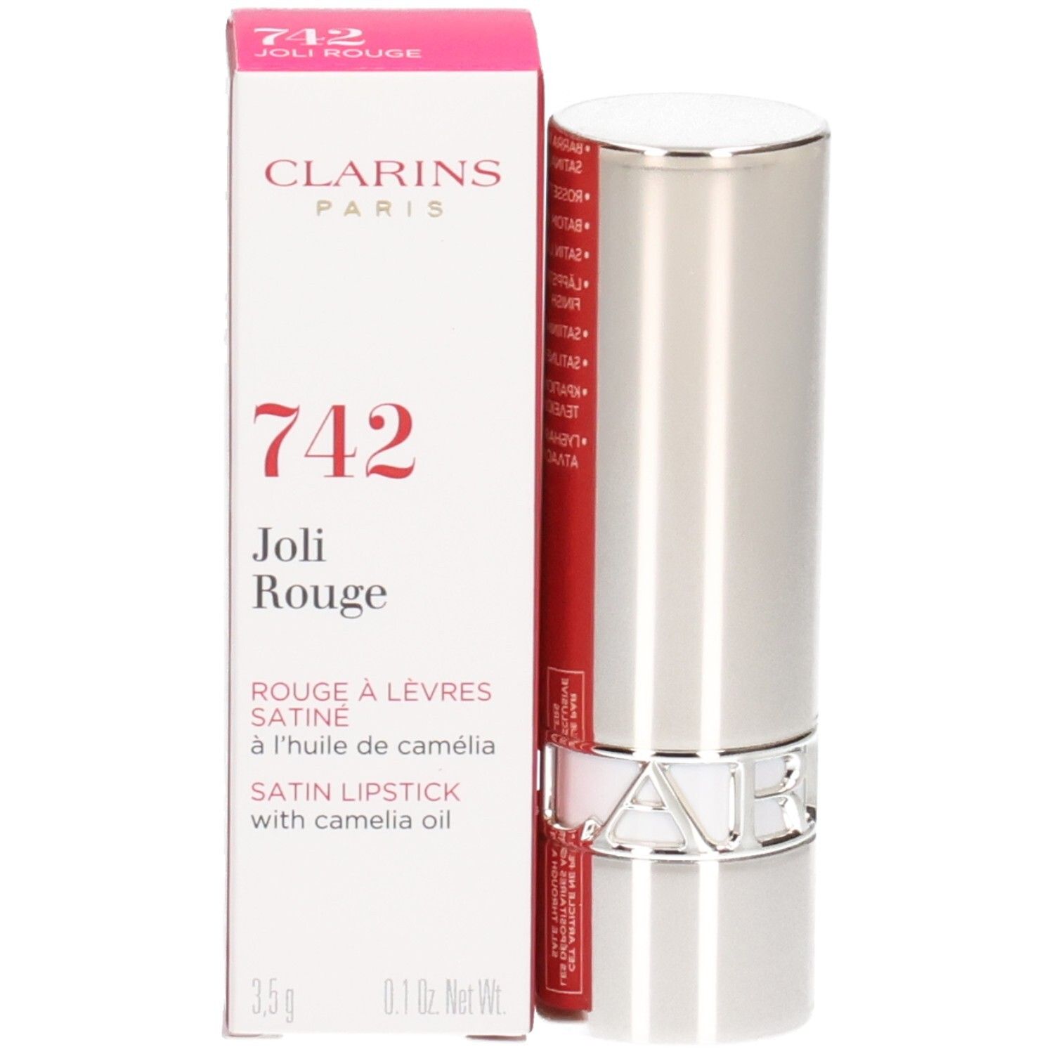Rossetto satinato Clarins Joli Rouge 742 in astuccio argentato con scatola rossa.