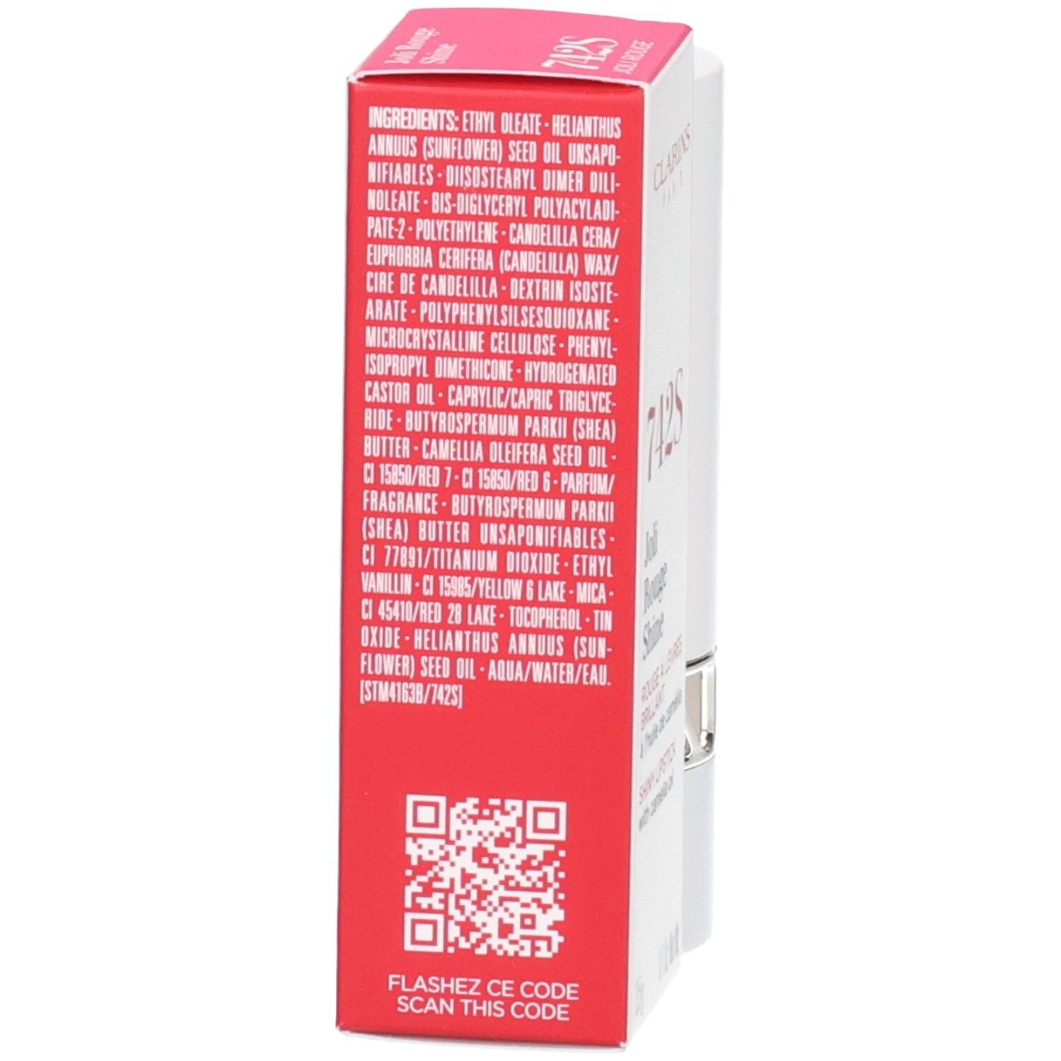 Retro della confezione del Rossetto Joli Rouge Shine 742S Clarins con ingredienti e codice QR.
