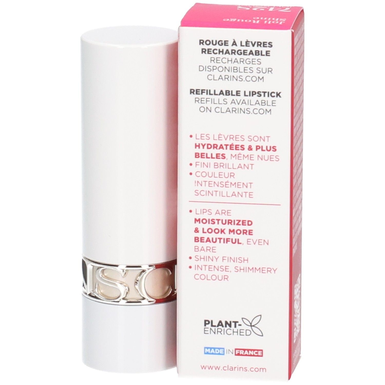 Rossetto Joli Rouge Shine 742S Clarins in astuccio bianco con anello argentato, accanto alla sua confezione.