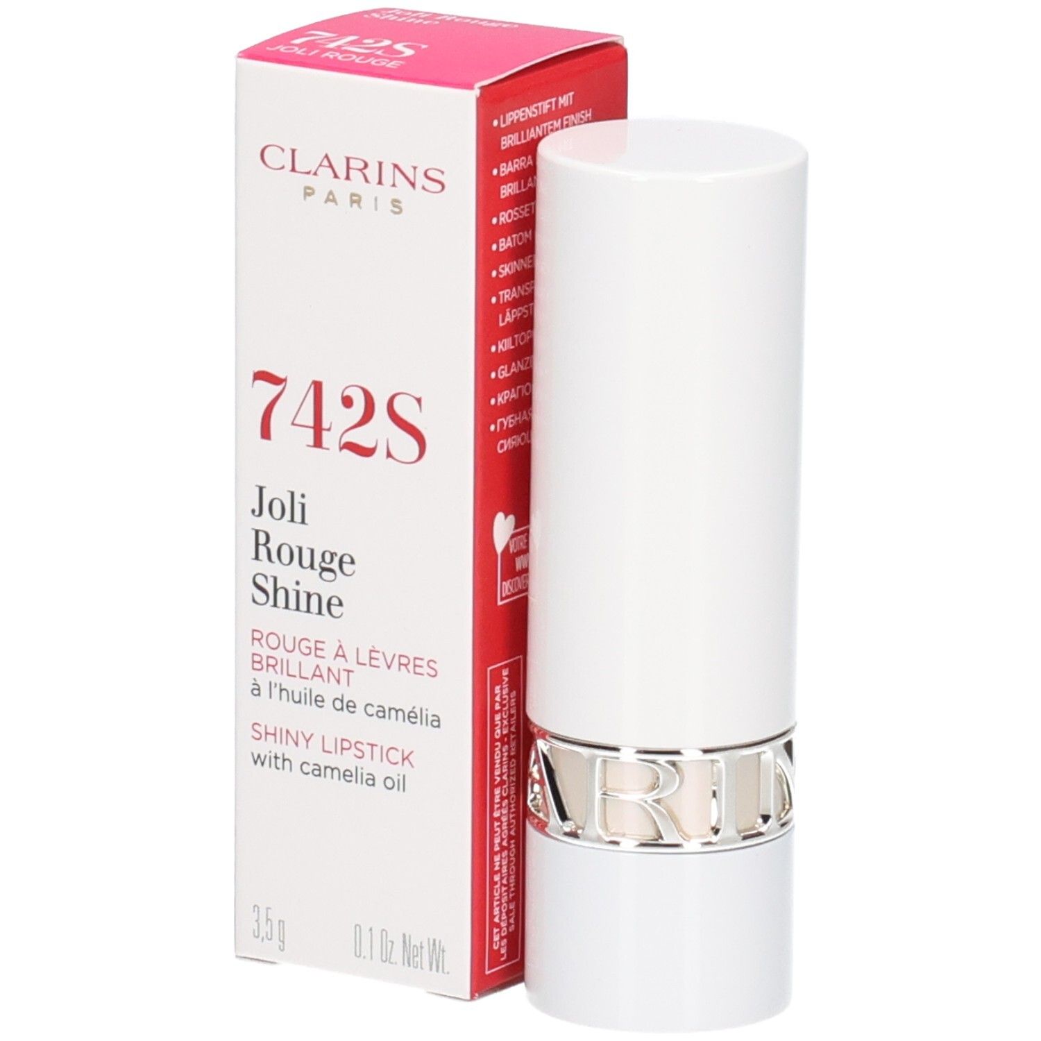 Rossetto Joli Rouge Shine 742S Clarins in astuccio bianco con anello argentato, accanto alla sua confezione.