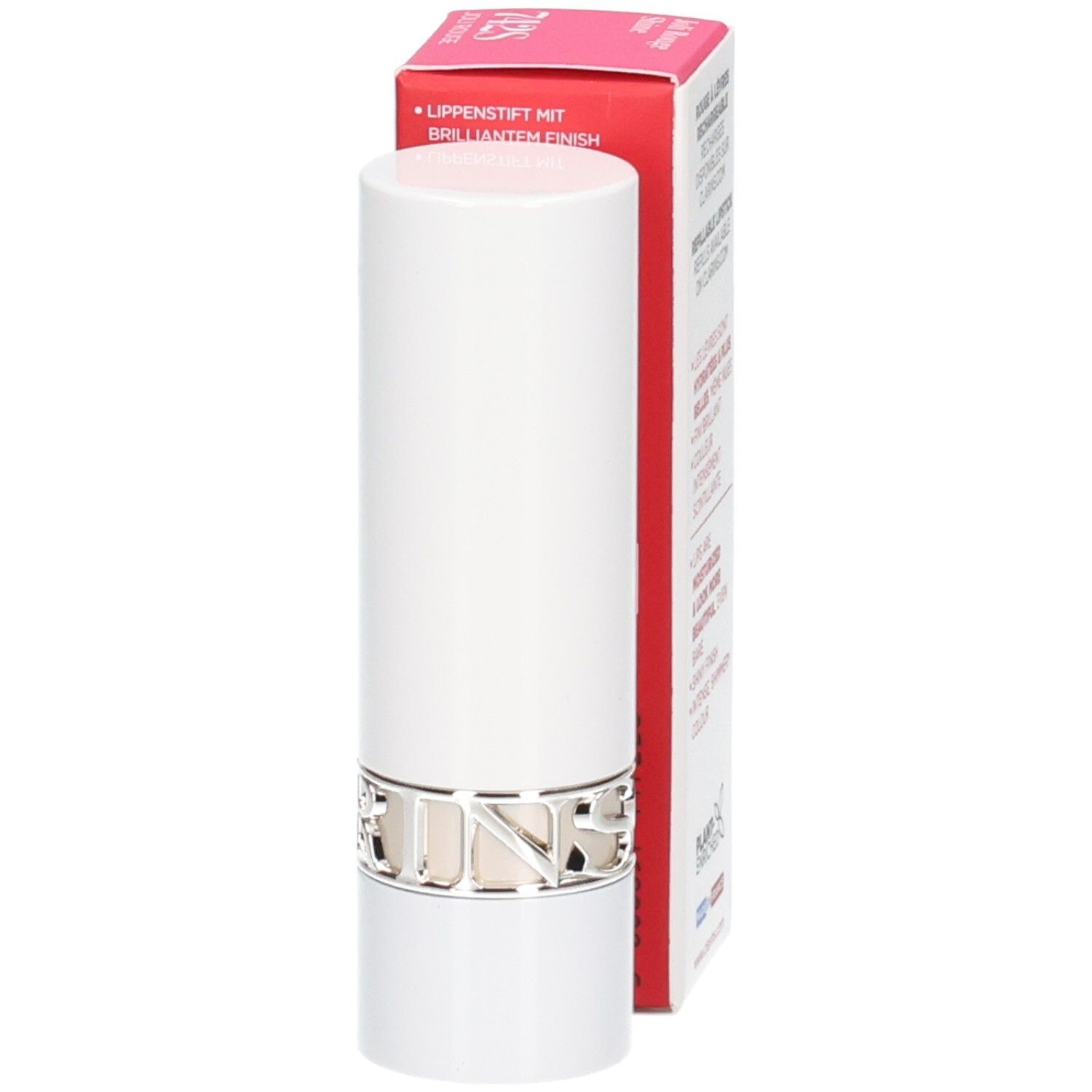 Rossetto Joli Rouge Shine 742S Clarins in astuccio bianco con anello argentato, accanto alla sua confezione.