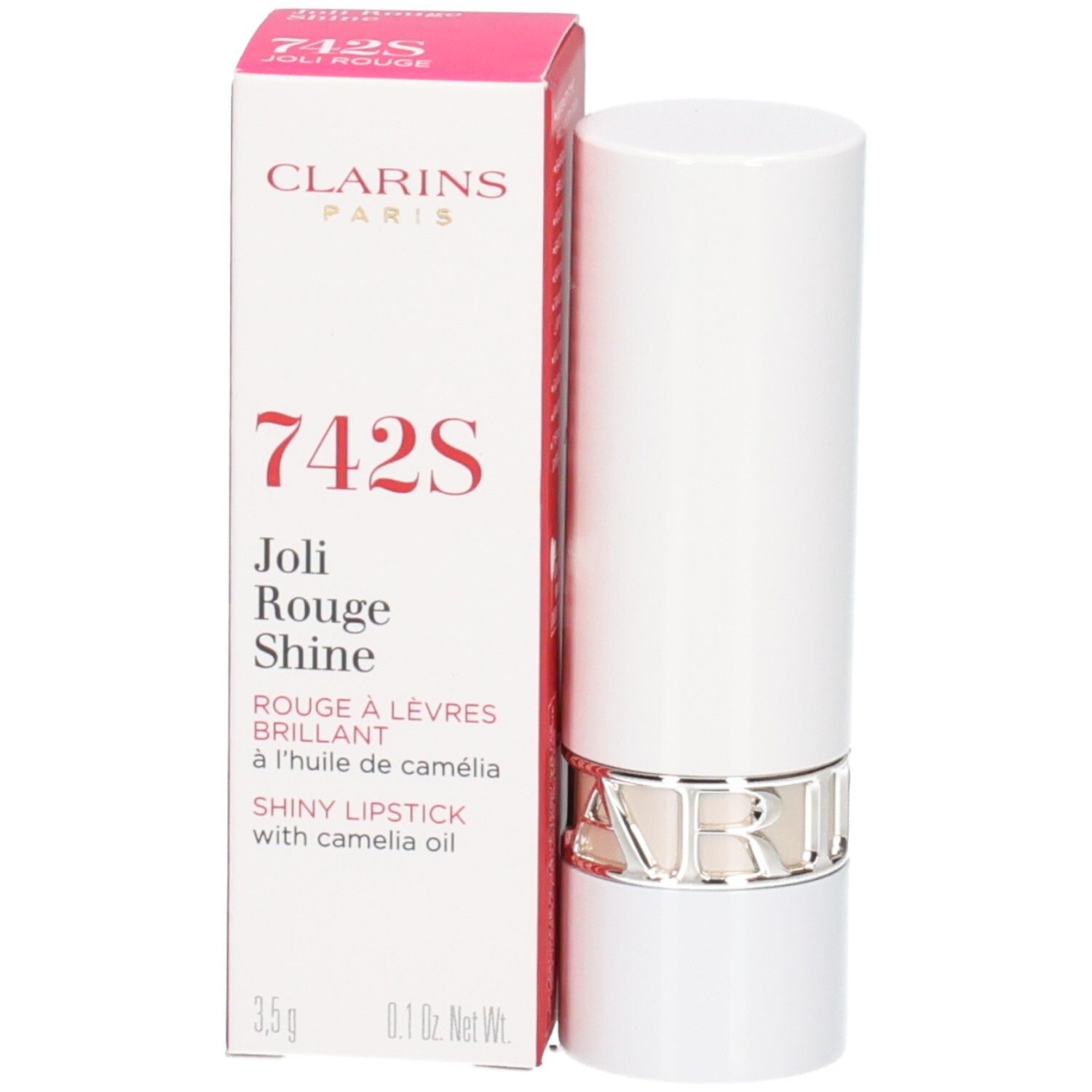 Rossetto Joli Rouge Shine 742S Clarins in astuccio bianco con anello argentato, accanto alla sua confezione.