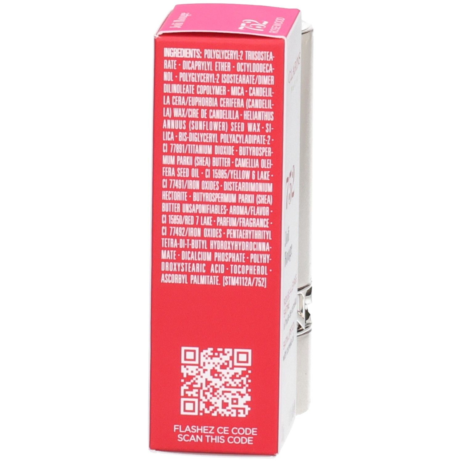 Retro della confezione del rossetto Clarins Joli Rouge, con ingredienti e codice QR.