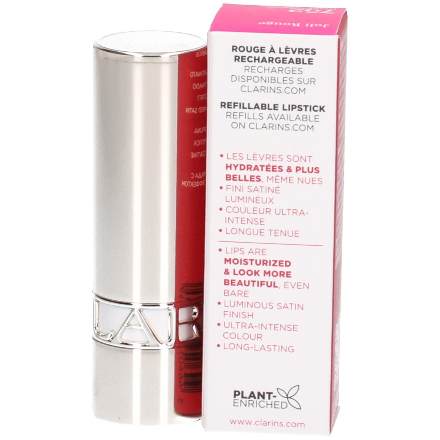 Rossetto ricaricabile Clarins Joli Rouge, tubetto argentato, con scatola.