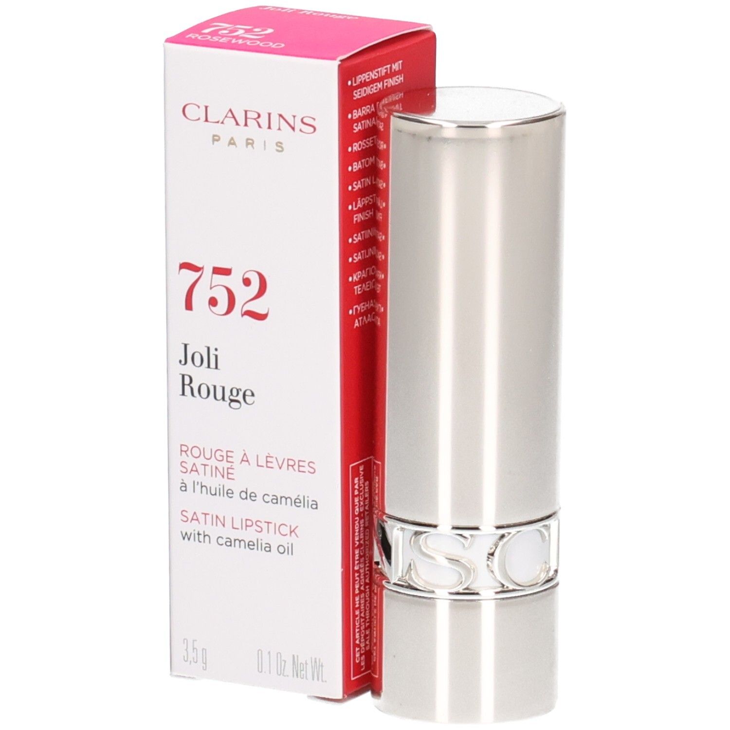 Rossetto Clarins Joli Rouge 752 Rosewood, tubetto argentato e scatola rossa.