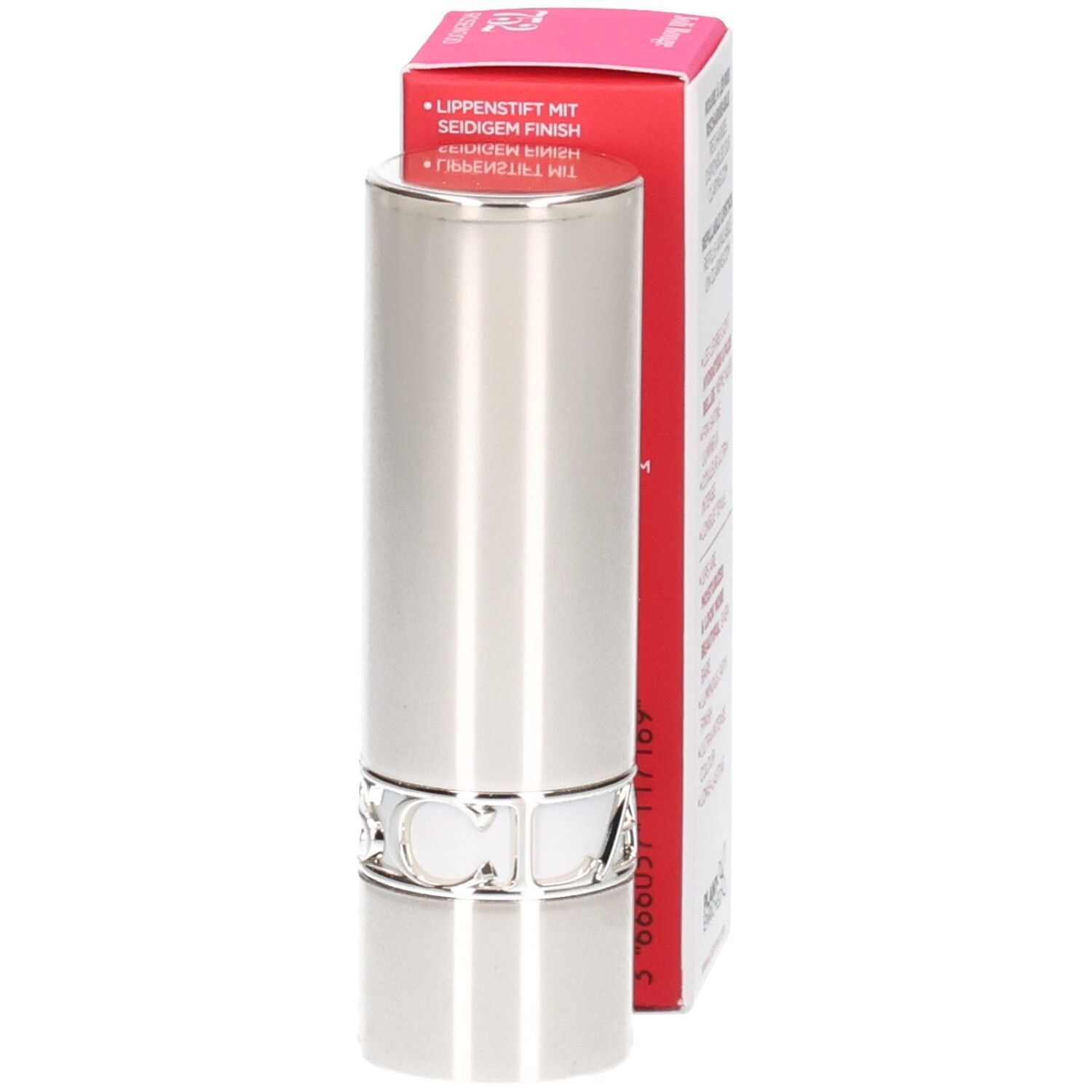 Rossetto Clarins Joli Rouge, tubetto argentato, con scatola rossa.