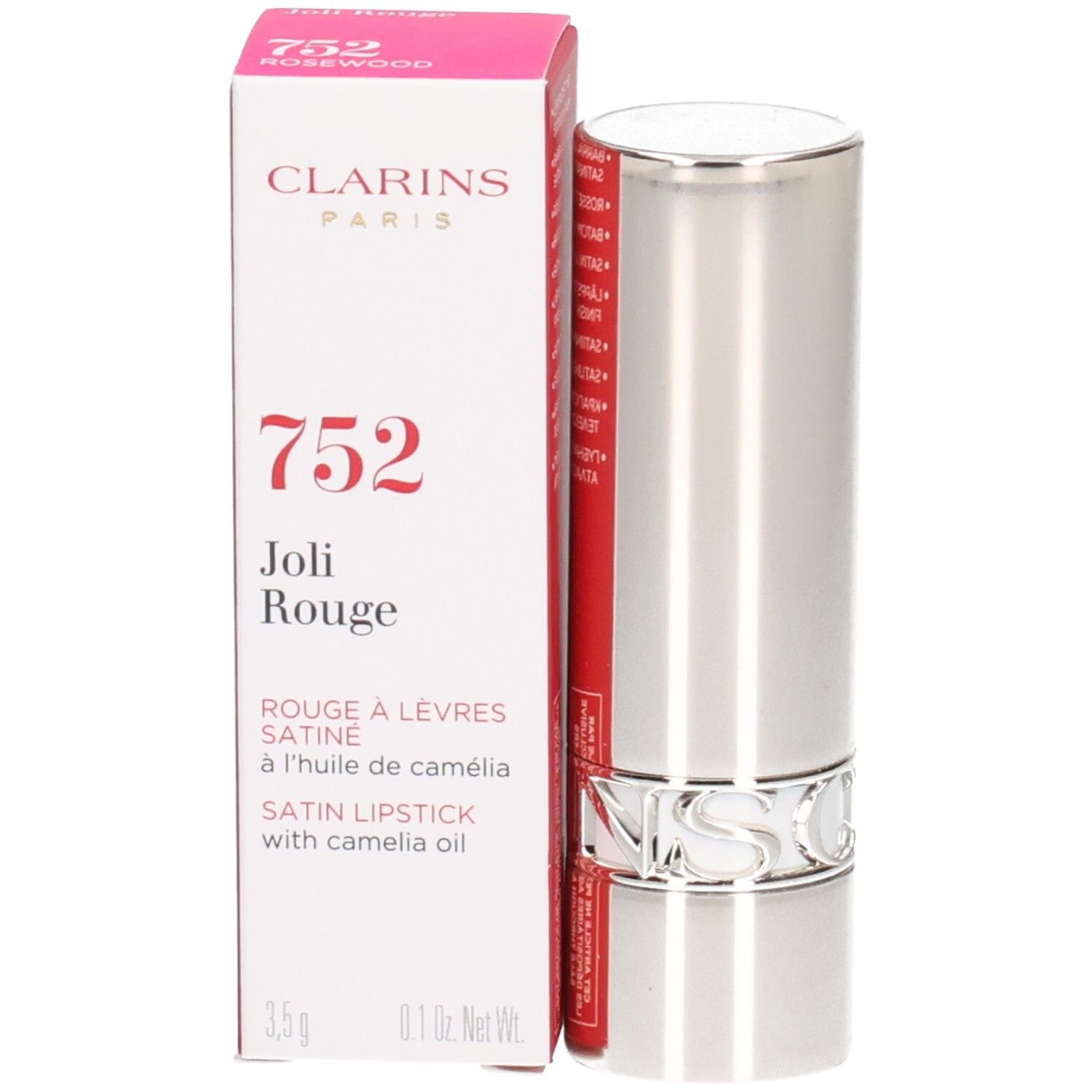 Rossetto Clarins Joli Rouge 752 Rosewood, tubetto argentato e scatola rossa.