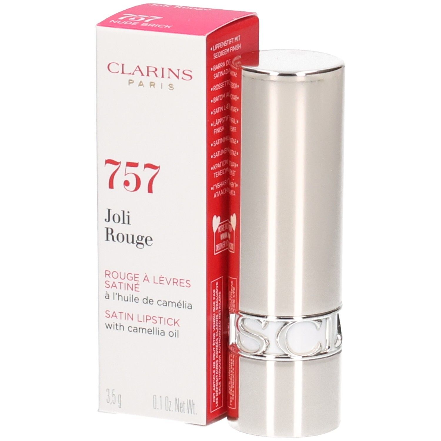 Clarins Joli Rouge Satin Rossetto 757 in astuccio argentato con scatola.