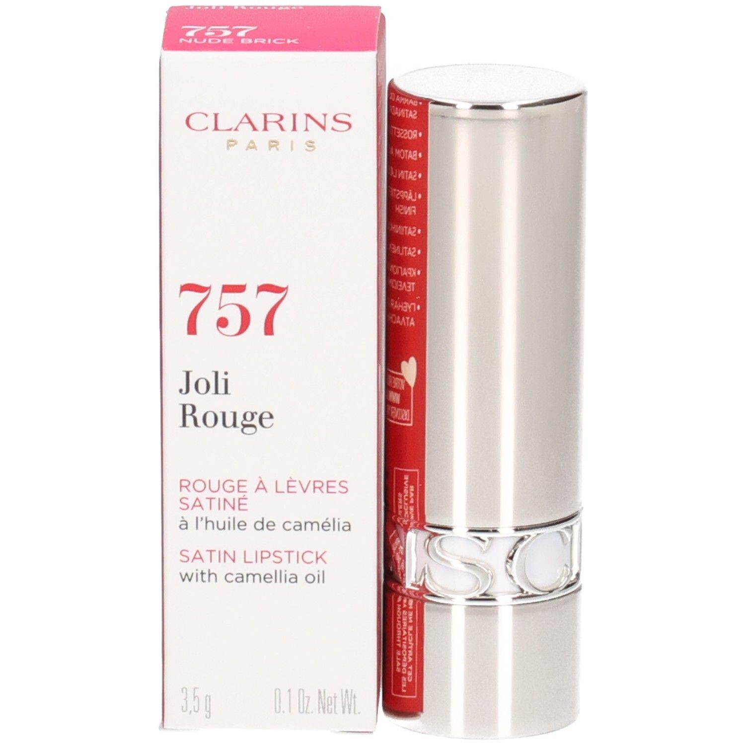 Clarins Joli Rouge Satin Rossetto 757 in astuccio argentato con scatola.