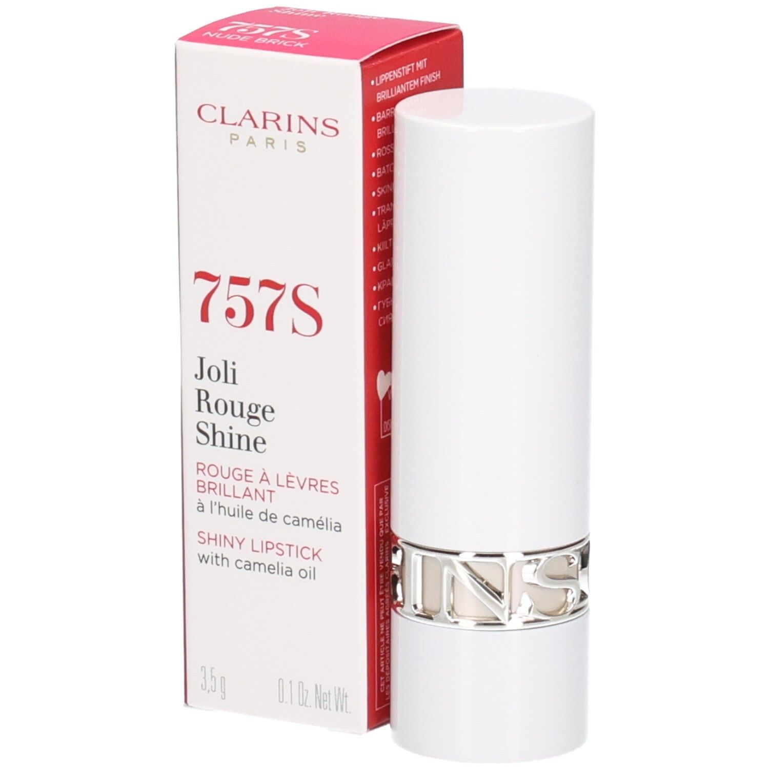 Rossetto Clarins Joli Rouge Satin 757S Nude Brick in astuccio bianco con anello argentato e scatola.