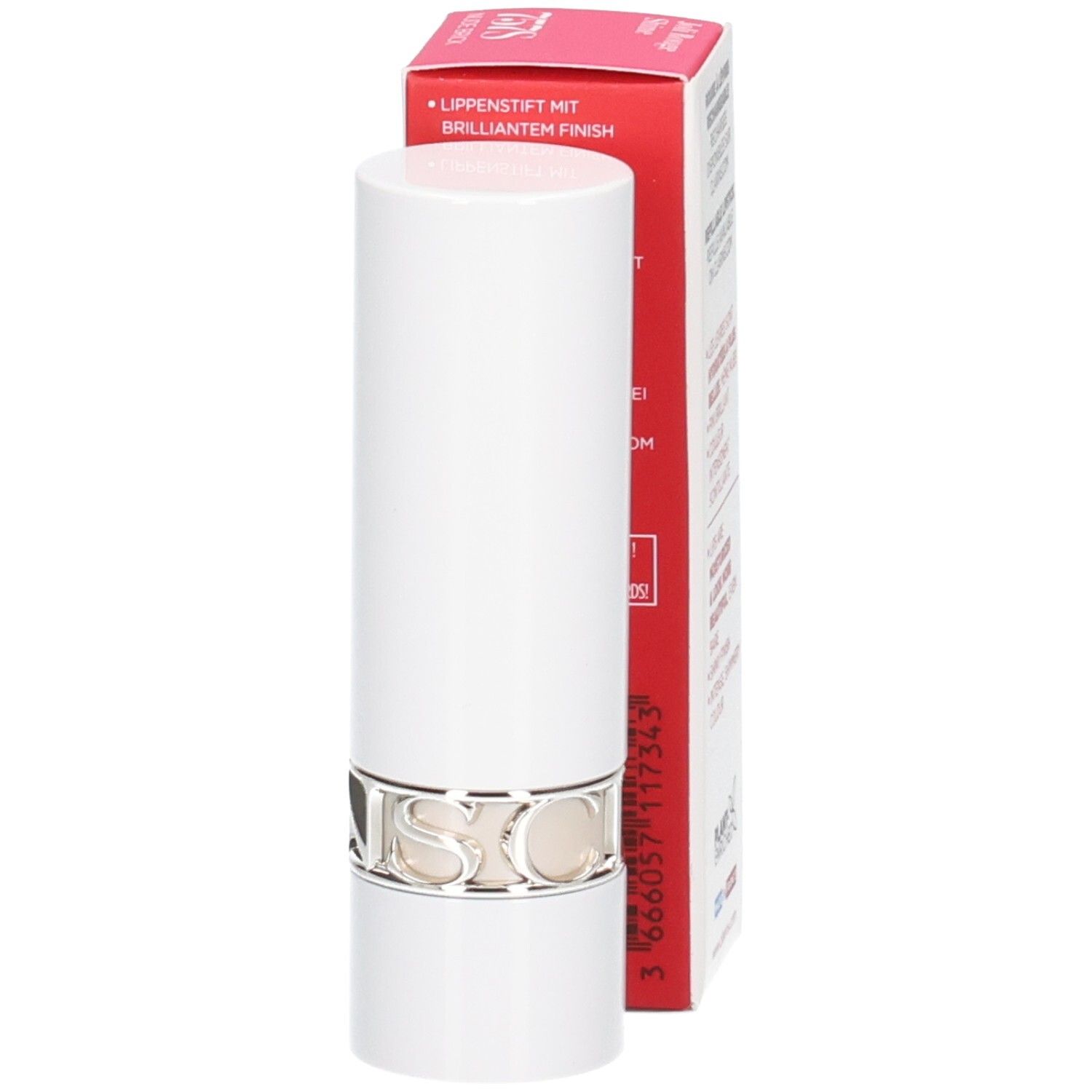 Rossetto Clarins Joli Rouge Satin 757S Nude Brick, retro della scatola con codice a barre e informazioni sul prodotto.