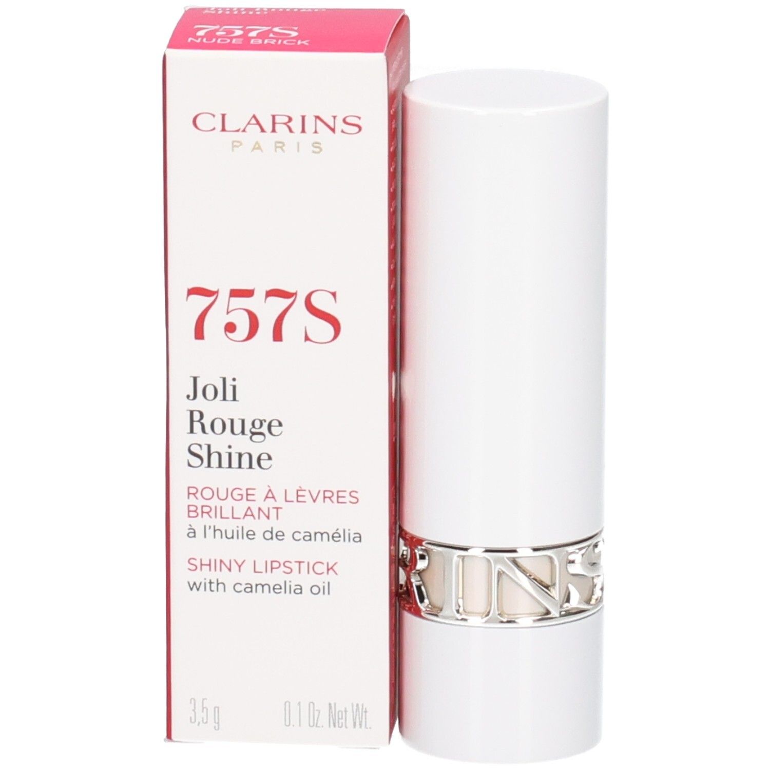 Rossetto Joli Rouge Shine Clarins, tonalità 757S Mattone Nudo. Tubo bianco con anello argentato.