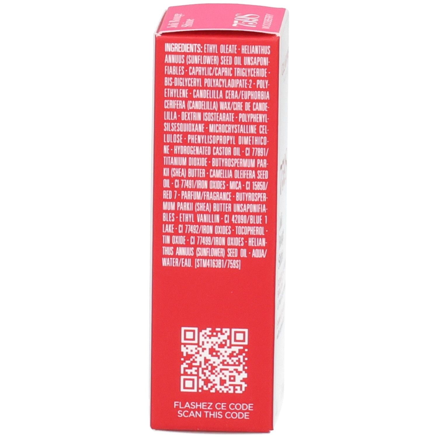 Retro della confezione del Rossetto Brillante Clarins con elenco ingredienti e codice QR.