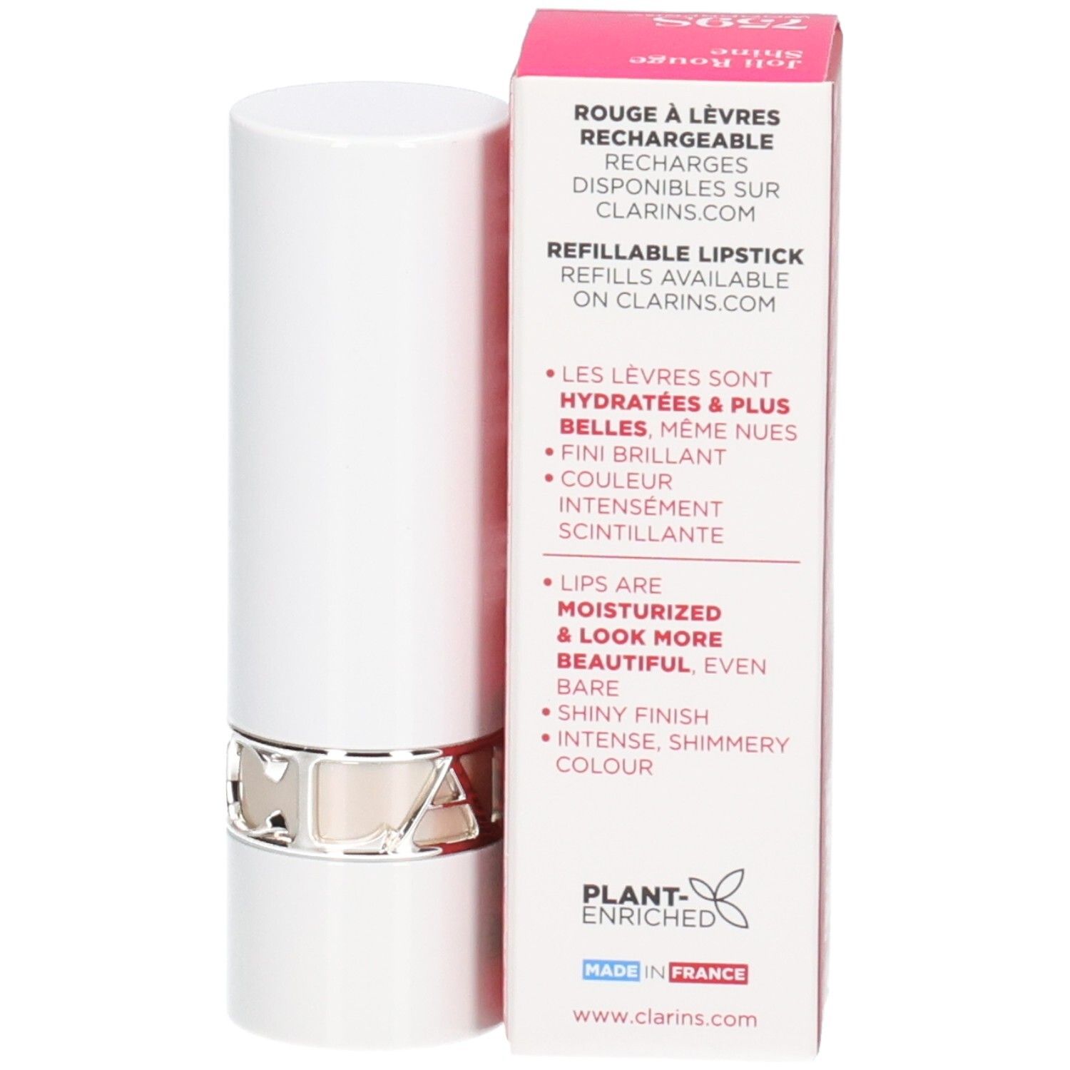 Rossetto Brillante Clarins ricaricabile, con anello argentato e benefici del prodotto.
