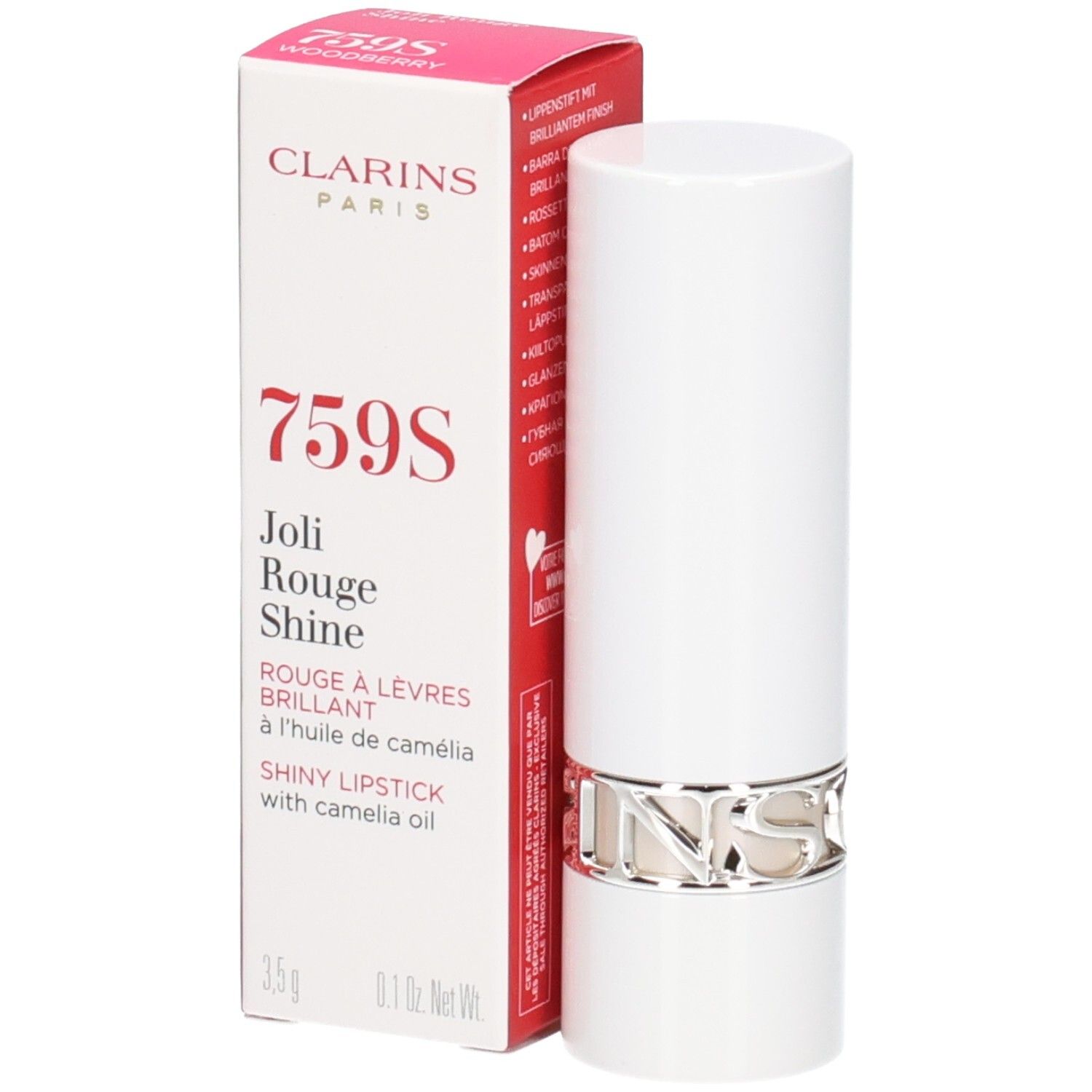 Rossetto Brillante Clarins 759S Woodberry in confezione bianca con anello argentato.