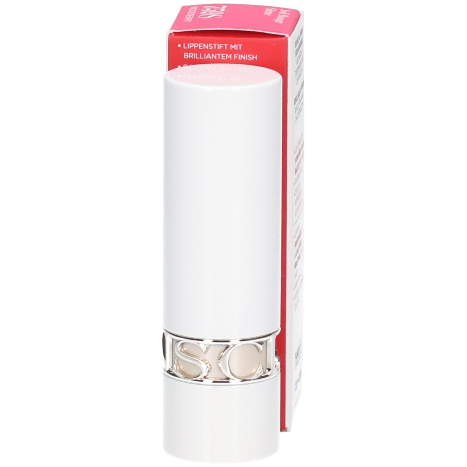 Rossetto Brillante Clarins in astuccio bianco con anello argentato e confezione.