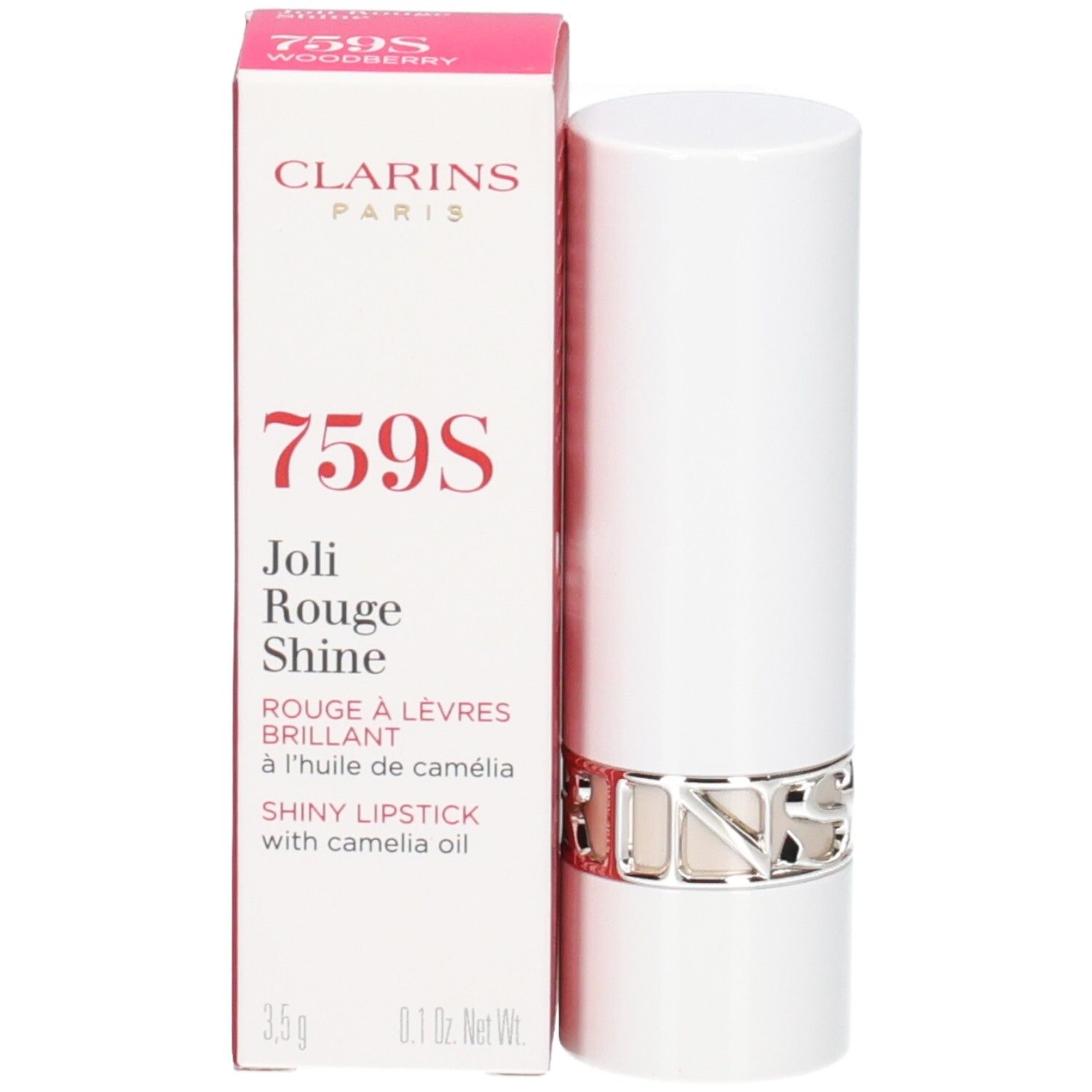Rossetto Brillante Clarins 759S Woodberry in confezione bianca con anello argentato.